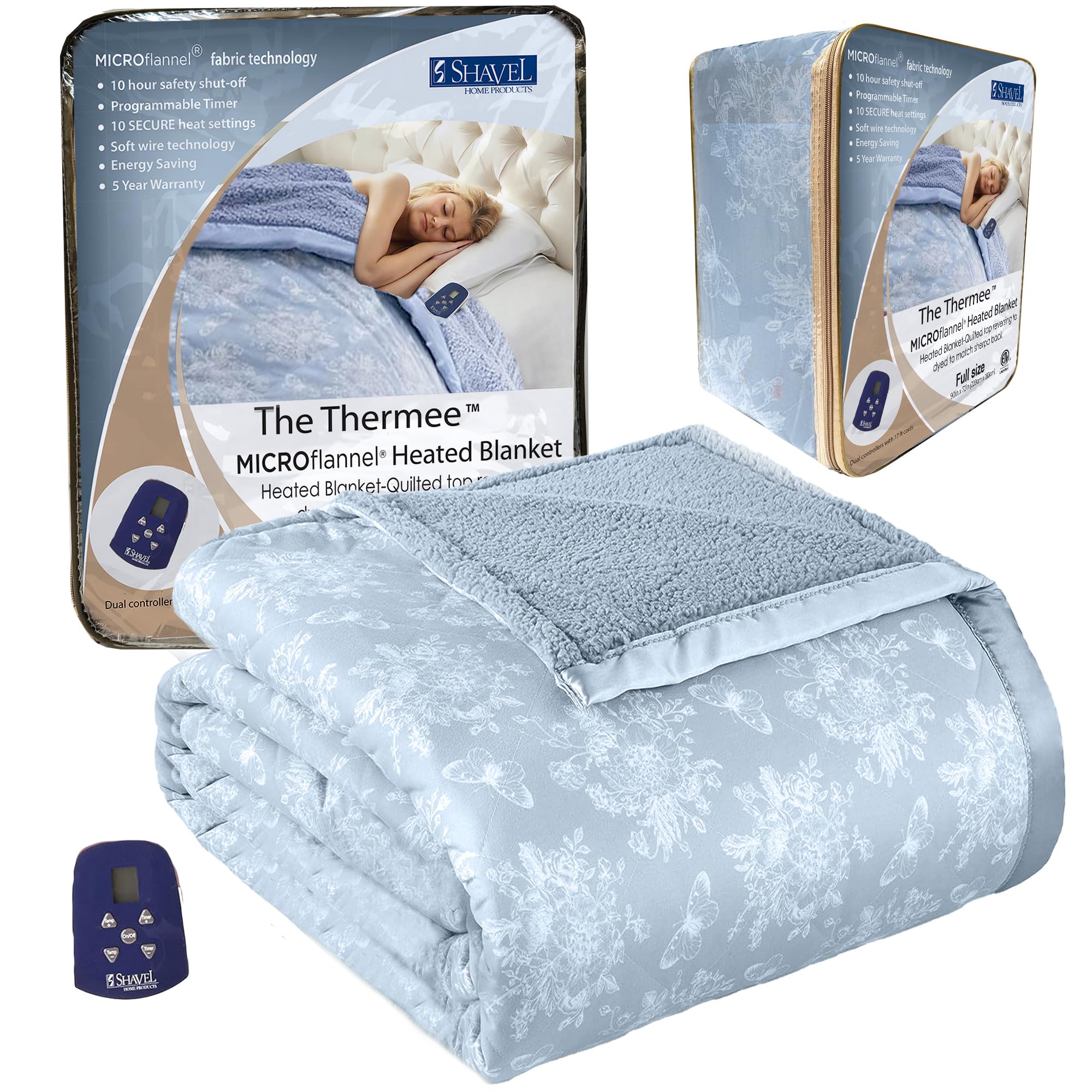Thermee Micro Flannel Heated Blanket with Sherpa Back - 10 Heat Settings, Programmable Electric Blanket, Ultra-Soft Full Size Thermal Throw - Toile Sky Blue | Perfect for Cold Nights, Bedroom Comfort, and Cozy Living Room Relaxation