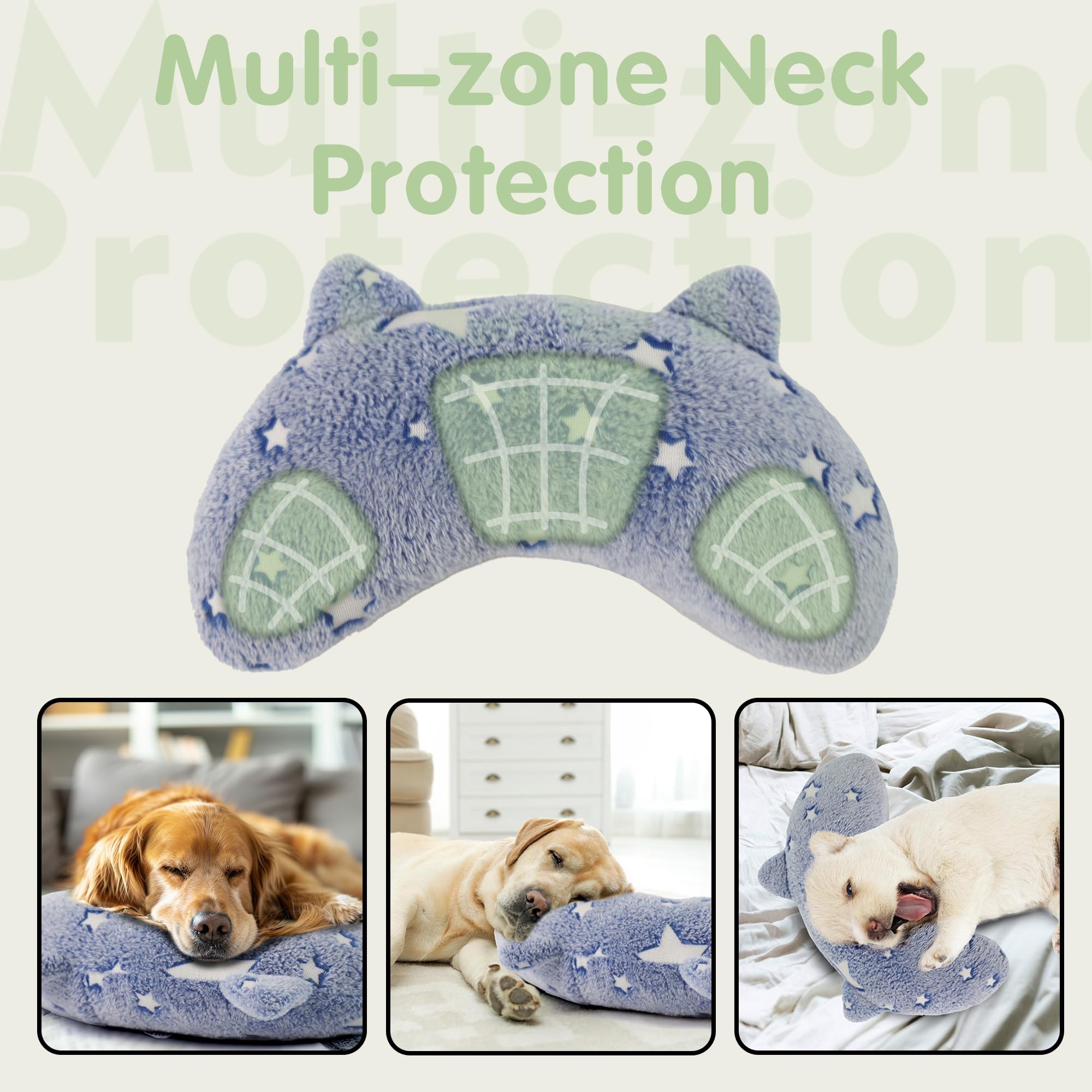 Glow in The Dark Dog Calming Pillow - Soft U-Shaped Pet Bed for Dogs & Cats, Machine Washable, Orthopedic Neck Support Pillow for Joint Pain Relief & Better Sleep (Medium, Blue) - Perfect for Anxious Pets, Crate Training & Nighttime Comfort
