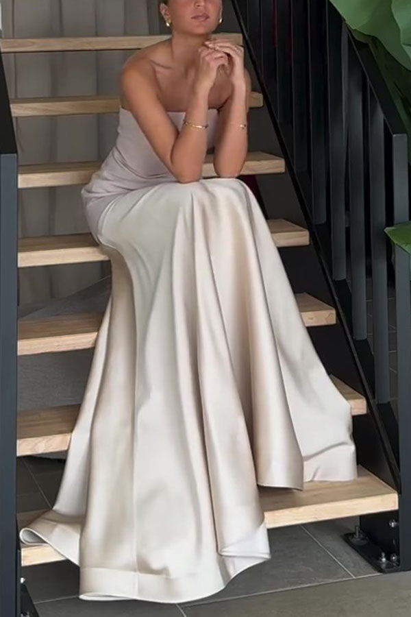 Timeless Elegance Satin Patchwork Strapless Flare Gown Maxi Dress for Women | Formal Evening Gown for Prom, Wedding, Red Carpet Events