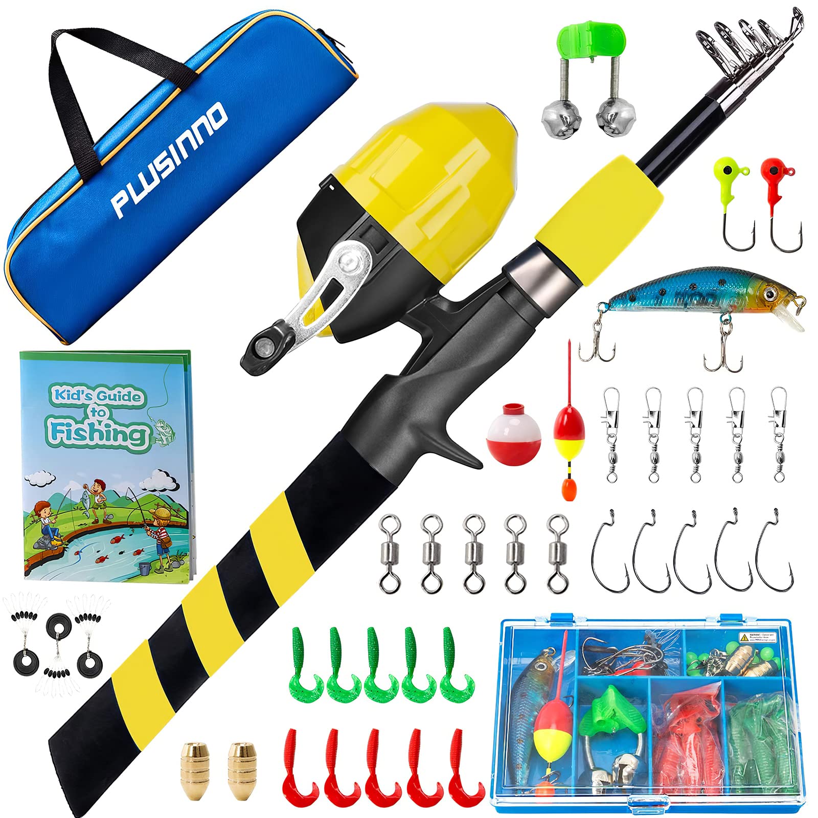 PLUSINNO Kids Fishing Pole - Telescopic Fishing Rod and Reel Combo Kit with Tackle Box | Portable Spincast Fishing Gear for Boys, Girls & Youth | Perfect for Beginners, Outdoor Adventures & Family Fishing Trips