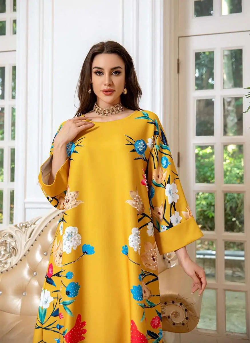 Elegant Eid Dress for Women - Arab Printed Kaftan Caftan Abaya Dress with Long Sleeves - Perfect for Eid Celebrations, Weddings & Special Occasions