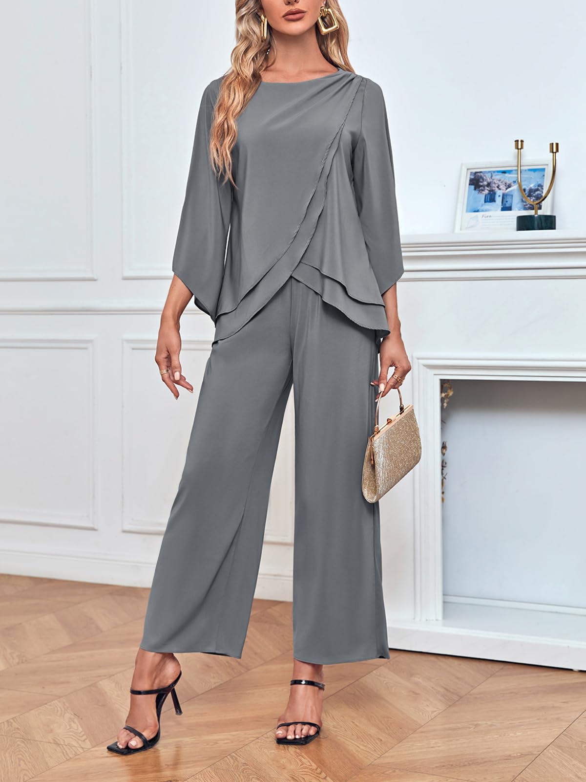 Zongqiven Women's 2-Piece Chiffon Pant Suit Set - Asymmetrical Hem Tops & Pants for Mother of the Bride, Wedding Party & Prom Outfits | Elegant Formal Wear for Special Occasions