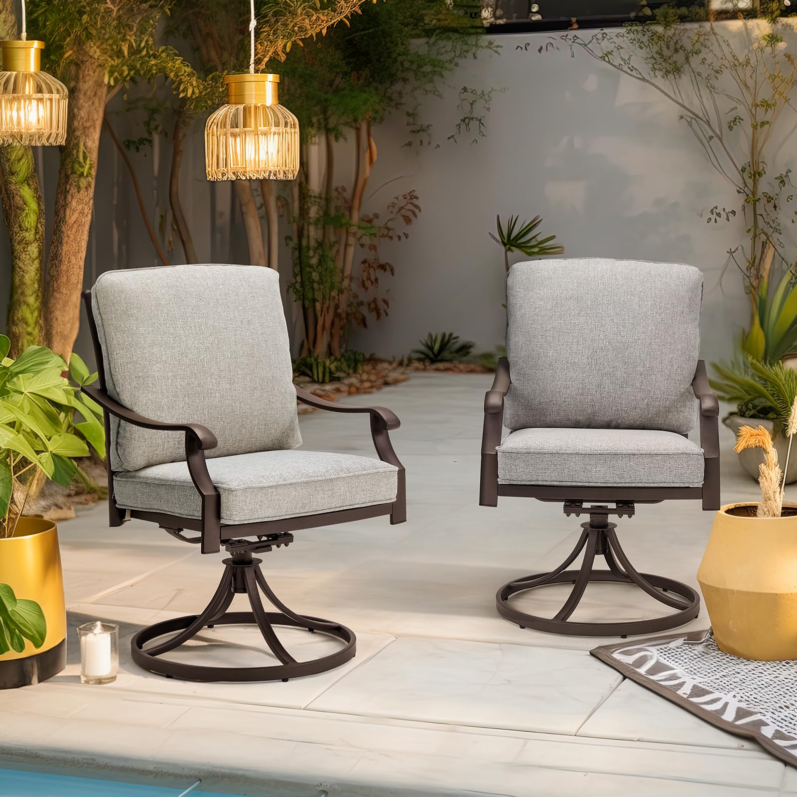 MELLCOM 2-Piece Patio Swivel Chair Set - Heavy Duty Outdoor Dining Chairs with Thickened Cushions, Gentle Rocking Metal Frame - Perfect for Garden, Lawn, Porch, Backyard & Poolside (Grey) | Weather-Resistant & Comfortable for Outdoor Relaxation & Entertaining