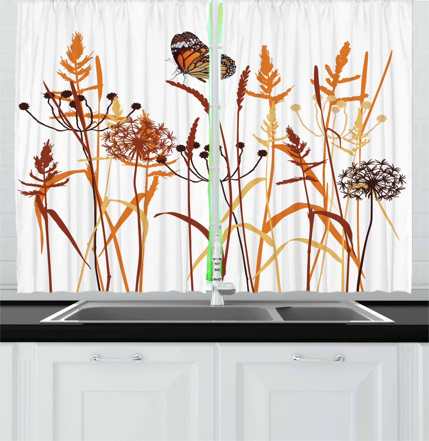 Ambesonne Butterfly Print Long Kitchen Curtains - Floral Leaves & Winged Animal Design, Spring Season Blossom Theme, 2 Panel Rod Pocket Drapes for Windows, 55