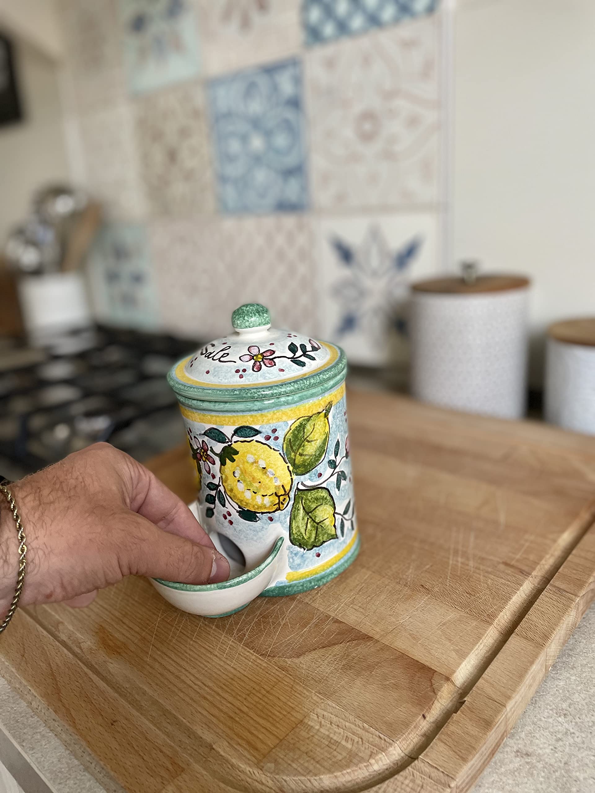 Hand Painted Italian Ceramic Salt Jar - Tuscan Art Pottery by CERAMICHE D'ARTE PARRINI, Made in Italy | Perfect for Kitchen, Dining Table & Home Decor