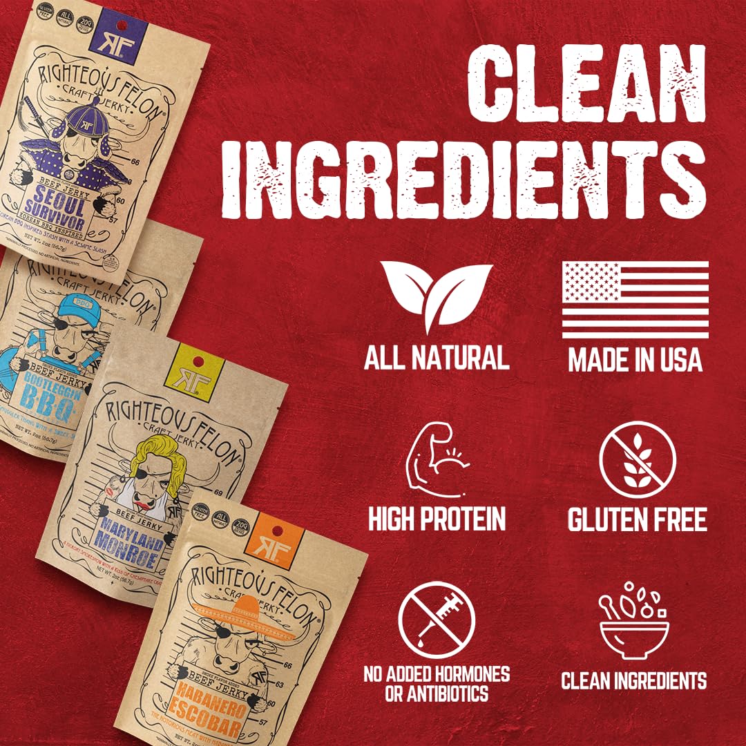 Righteous Felon Beef Jerky Variety Pack 4 Pack | Gluten Free, High Protein, Keto & Low Sugar Beef Jerky Snacks | Premium Quality Meat Jerky for Adults | Perfect for Gifts, Camping, Hiking & Road Trips | Spicy Flavored Jerky