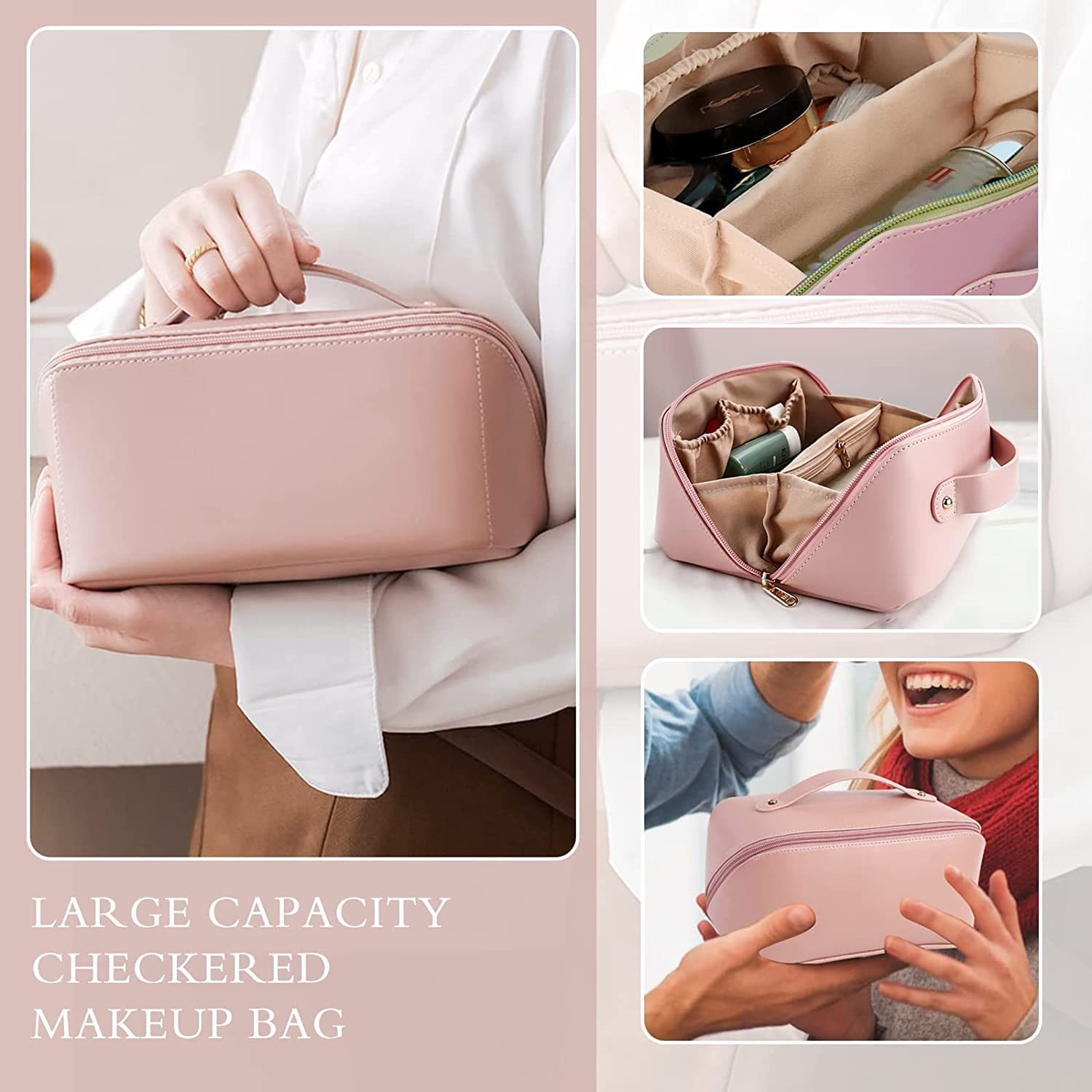 FLOOVI Leather Travel Cosmetic Bag - Waterproof Makeup Organizer with Wide Opening, Handle & Divider - Pink Toiletry Bag for Women & Girls | Perfect for Air Travel, Gym, Weekend Getaways & Daily Essentials Storage