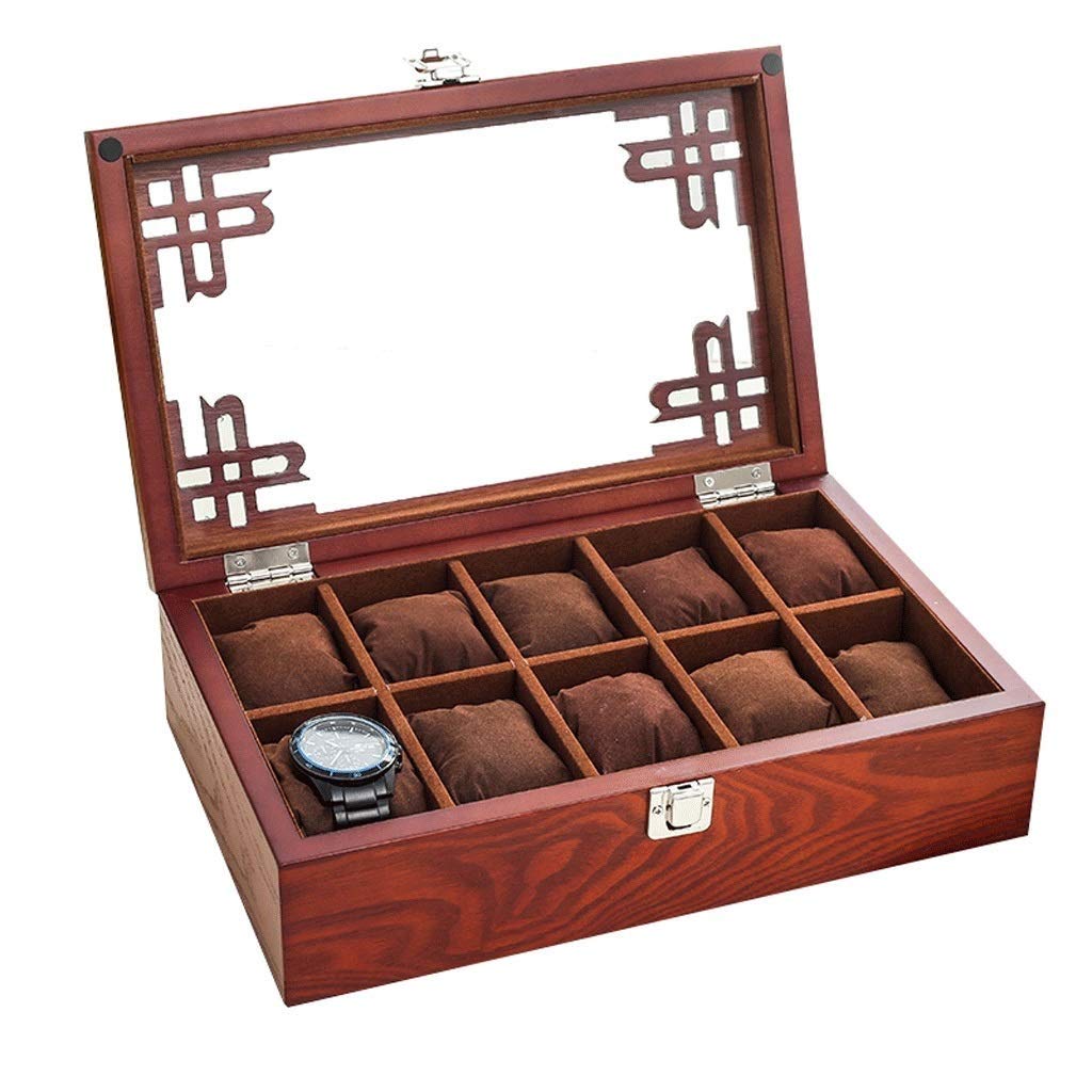 UXZDX CUJUX 10-Slot Watch Box with Glass Top - Premium Wooden Watch Display Case & Storage Organizer for Men (Brown) - Perfect for Watch Collection, Jewelry Organization & Gift Giving