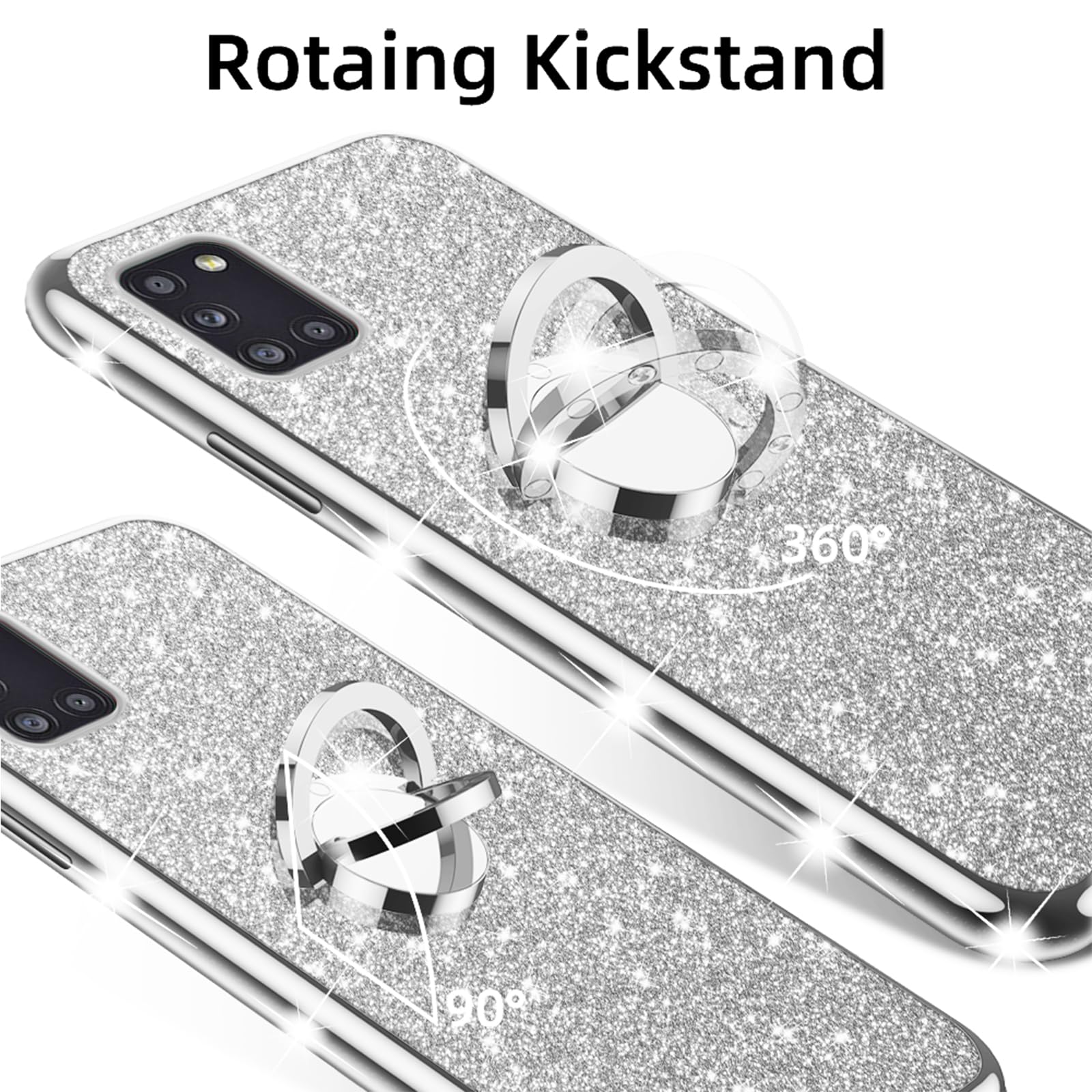 Cute Glitter TPU Phone Case for Samsung Galaxy A31 - Shockproof Protective Cover with Diamond Ring Stand & Strap Lanyard - Silver | Perfect for Women & Girls, Ideal for Daily Use, Work, Travel & Outdoor Activities
