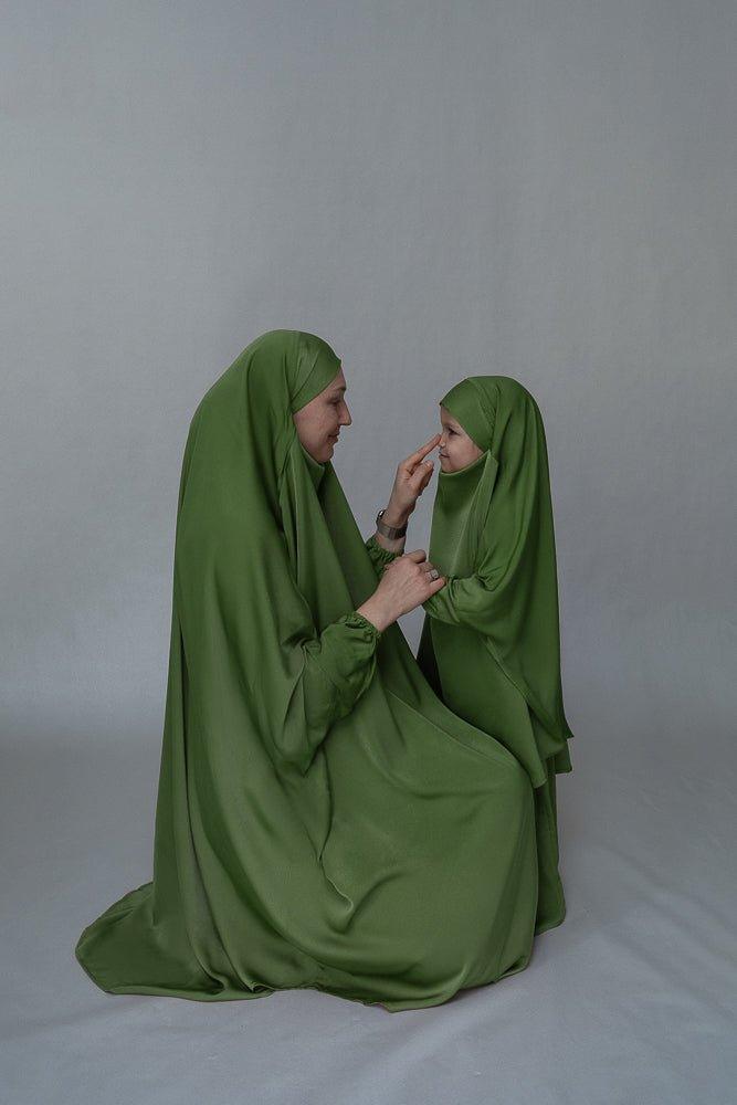 Army Green Kids Prayer Gown - Mommy and Me Matching Islamic Khimar Set for Children's Prayer & Special Occasions