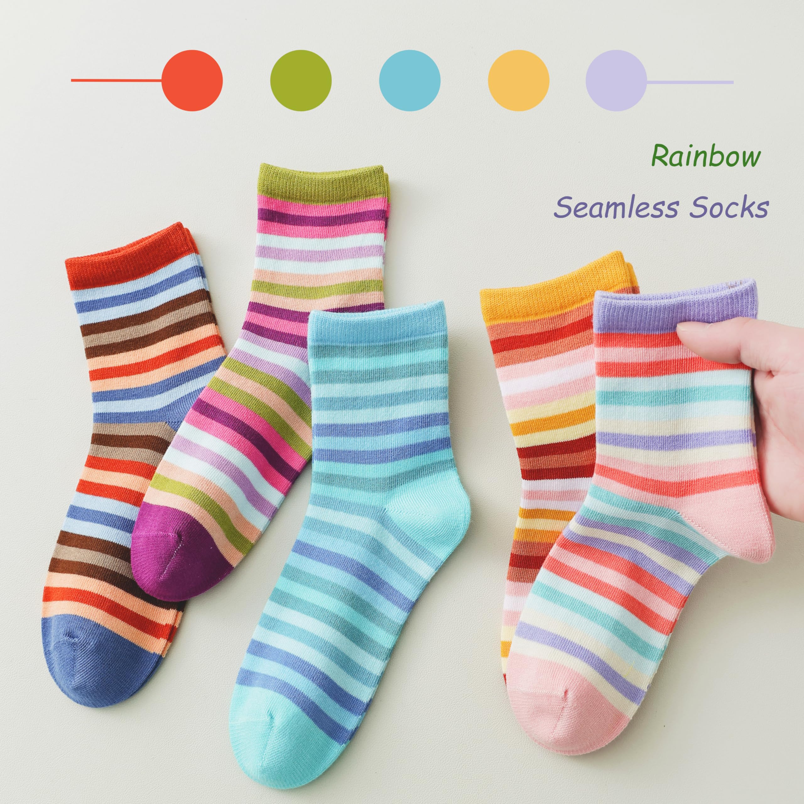 Marchare Girls Seamless Cotton Crew Socks for Kids - 5 Pack Rainbow Stripes Casual & School Socks - Soft, Comfortable Everyday Wear for Play, Sports & Classroom