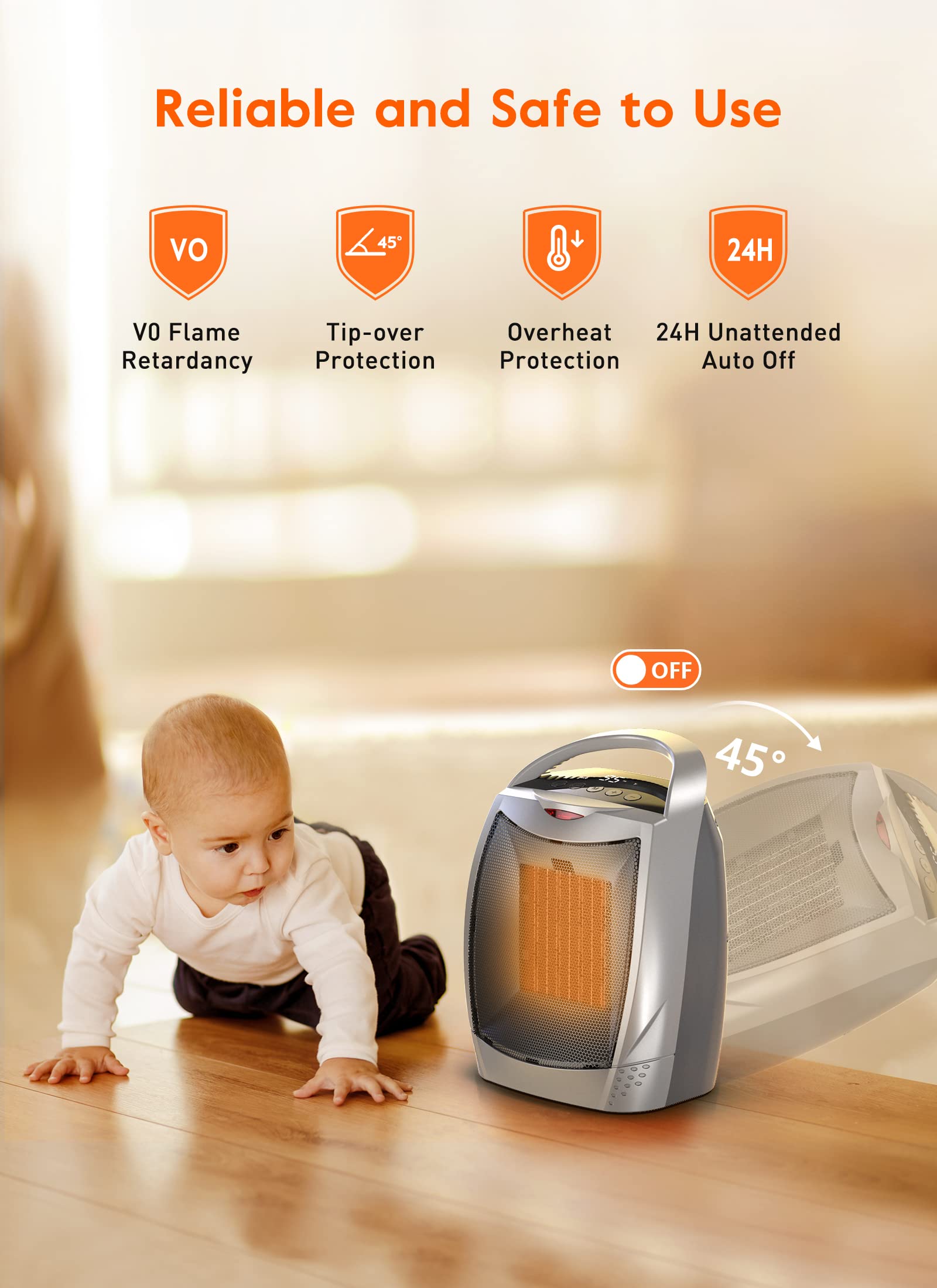 Best Space Heater for Indoor Use - 1500W PTC Ceramic Portable Heater with Thermostat, Timer, Eco & Fan Modes | Fast Heating & Safety Features for Bedroom, Office & Home Use | Perfect for Winter Warmth & Energy Saving