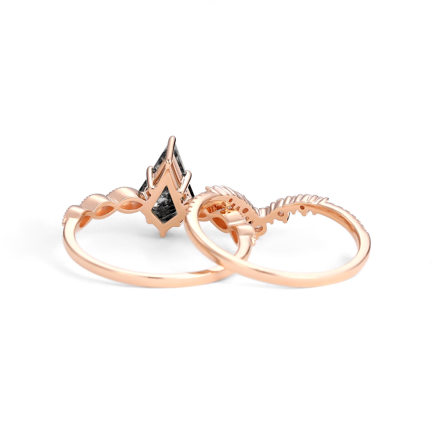 Vintage Kite Cut Salt and Pepper Diamond Engagement Ring Set - 2 Piece Wedding Band for Women - Perfect for Unique Proposals & Anniversary Gifts