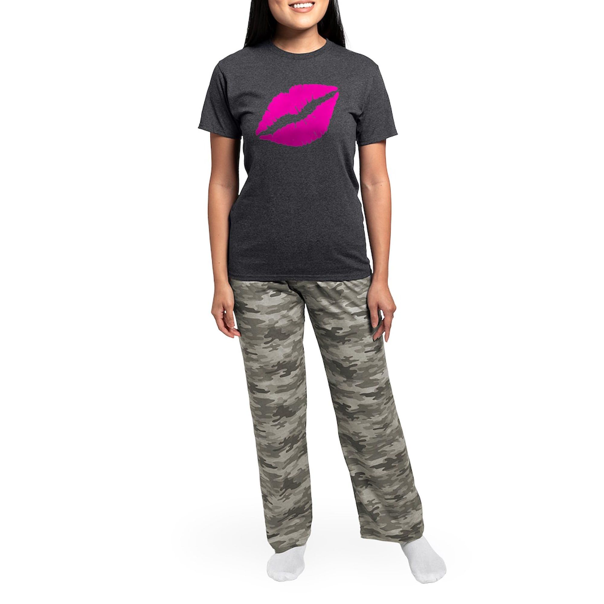 Sexy Pink Lips Kiss Women's Charcoal Pajama Set - Soft & Comfortable Novelty Sleepwear for Women | Perfect for Valentine's Day, Bachelorette Parties & Cozy Nights