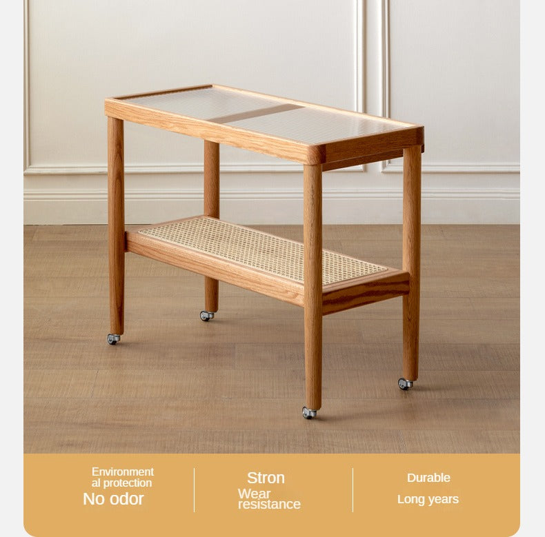 Solid Oak Wood Japanese Style Glass Rattan Rocking Side Table - Portable End Table for Living Room, Bedroom, or Outdoor Patio Decor