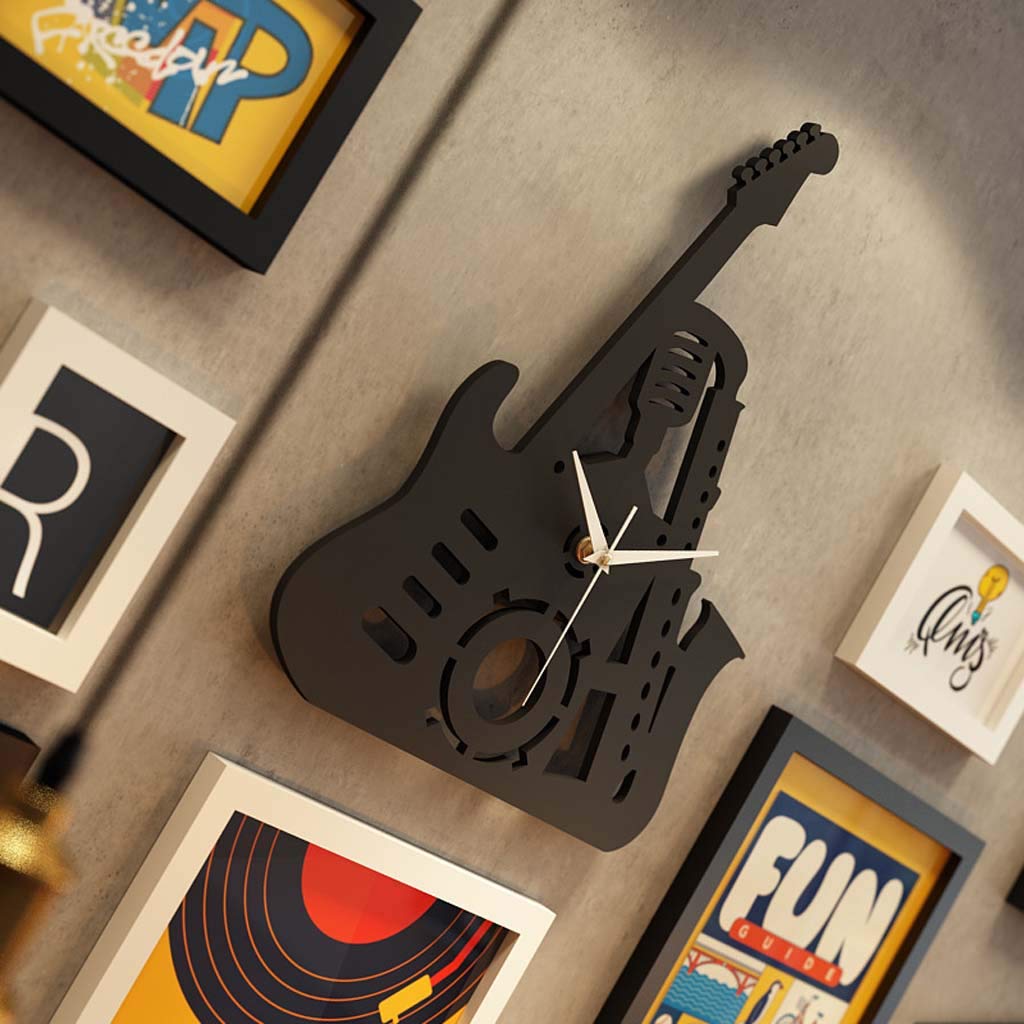 Musical Element Solid Wood Photo Wall Display - Decorative Painting & Photo Frame Set with Rock Real Clock, 9 Frames & 2 Accessories (Black+White) - Perfect for Living Room Decor, Bedroom Wall Art & Home Office Organization