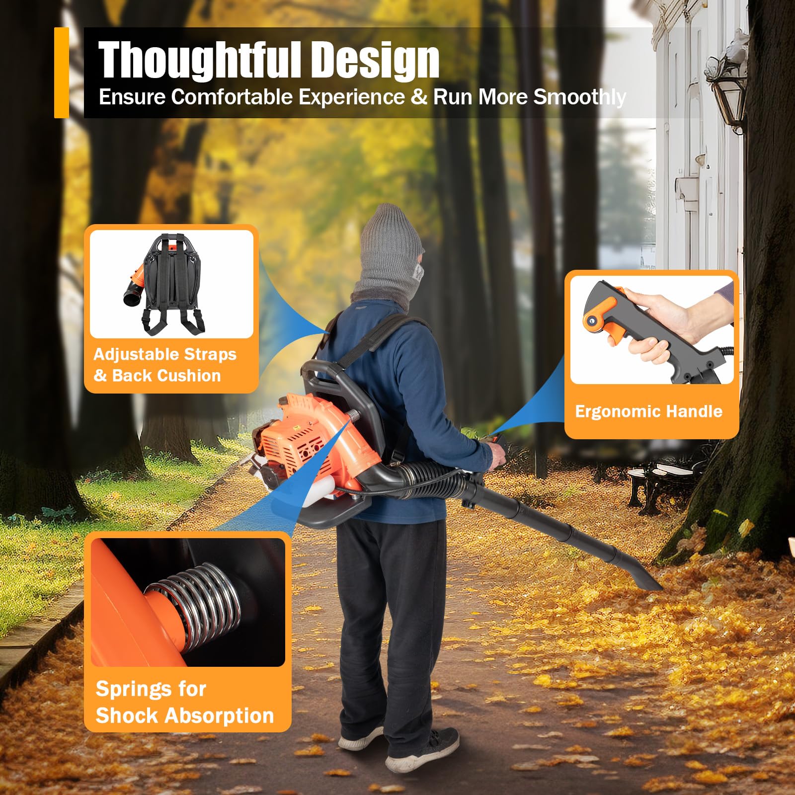 42.7cc 2-Stroke Gas Backpack Leaf Blower - Professional Grade with Horizontal Handle for Yard Cleaning, Snow Removal & Landscaping | Lightweight & Powerful Backpack Blower for Homeowners and Professionals