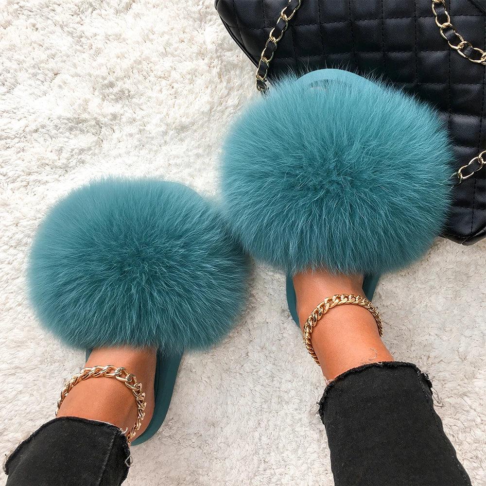 Women's Fluffy Fox Fur Slippers - Cozy Plush House Sandals for Indoor Comfort & Winter Warmth | Perfect for Lounge, Bedroom & Gift Giving
