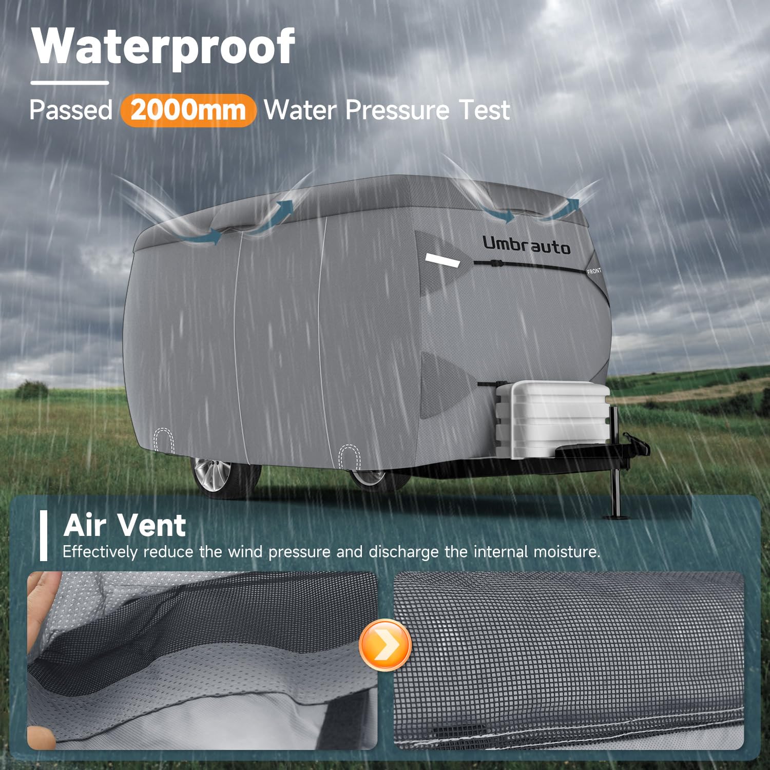 2023 Upgraded 7-Layer Fiberglass Travel Trailer Cover for 8'-10' Trailers - Windproof Strap & Adhesive Repair Patches Included | Perfect for RV, Camper, and Outdoor Travel Protection