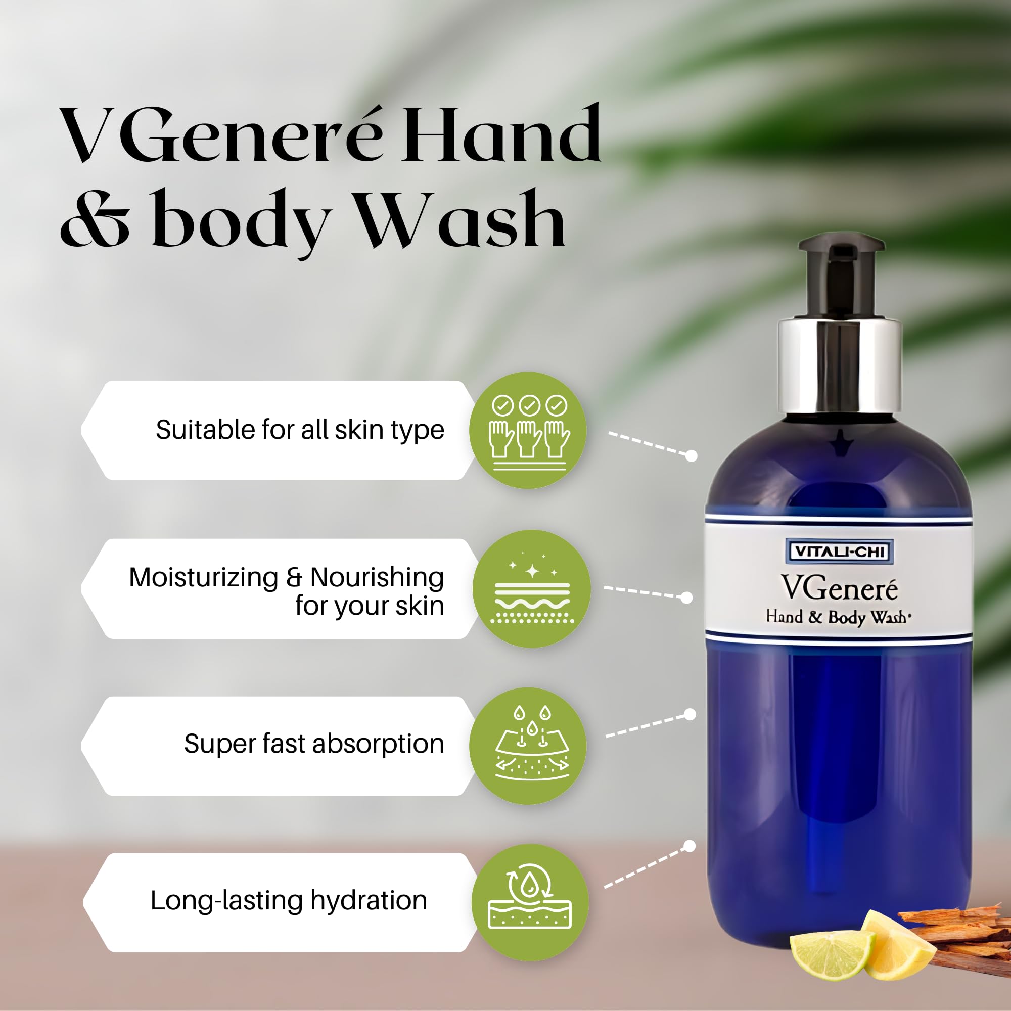 Vitali-Chi VGeneré Antioxidant Hand & Body Wash with Vitamin-Rich Lemon & Sandalwood Amyris Essential Oils - 250ml for Spa, Bathroom & Travel Use