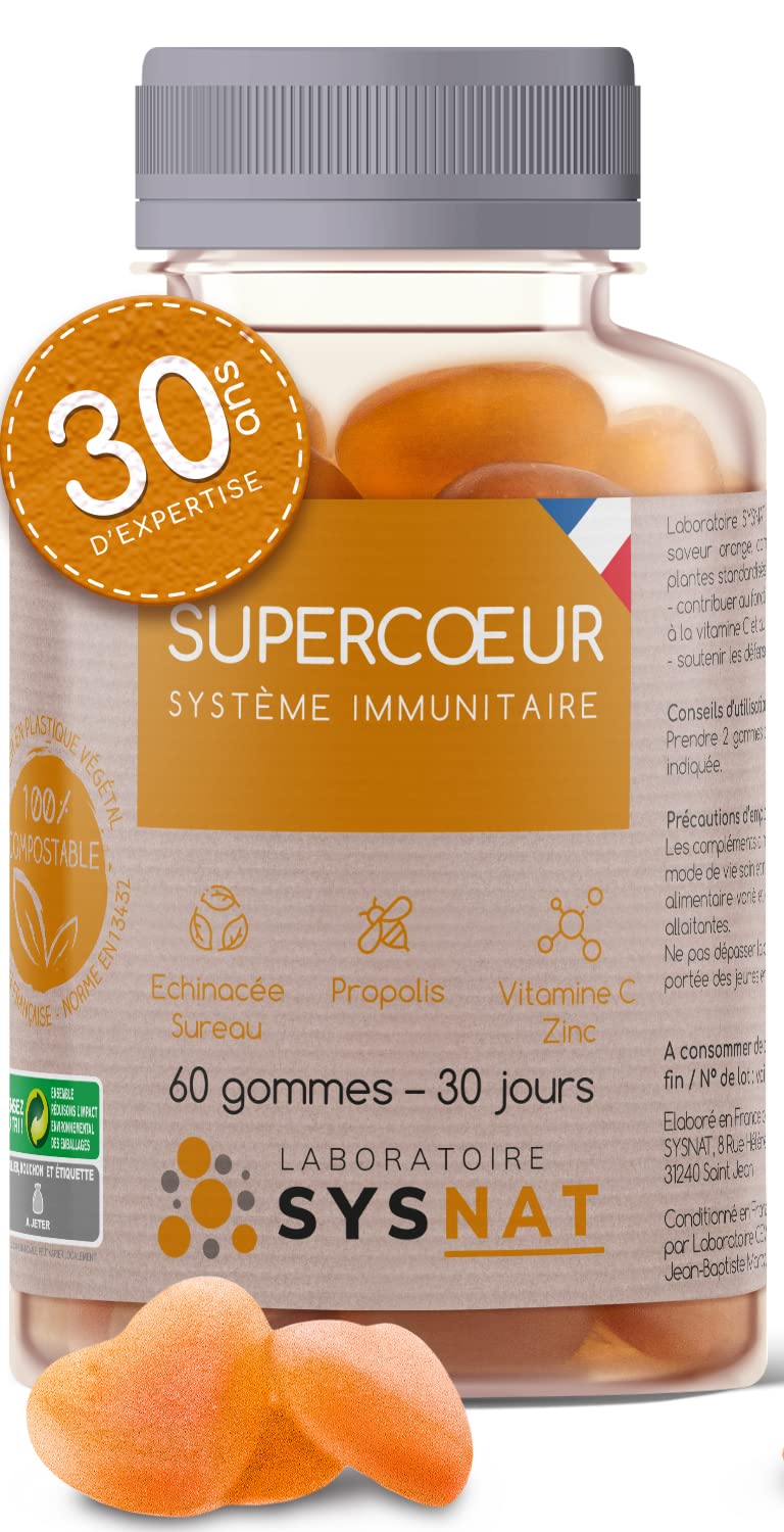 Natural Immune Support & Defense • Zinc Supplement with Propolis, Echinacea, Elderberry & Vitamin C • Multivitamin & Mineral Gummies • 60 Count • Made in France • SYSNAT Laboratory • Boost Wellness for Travel, Work & Daily Life