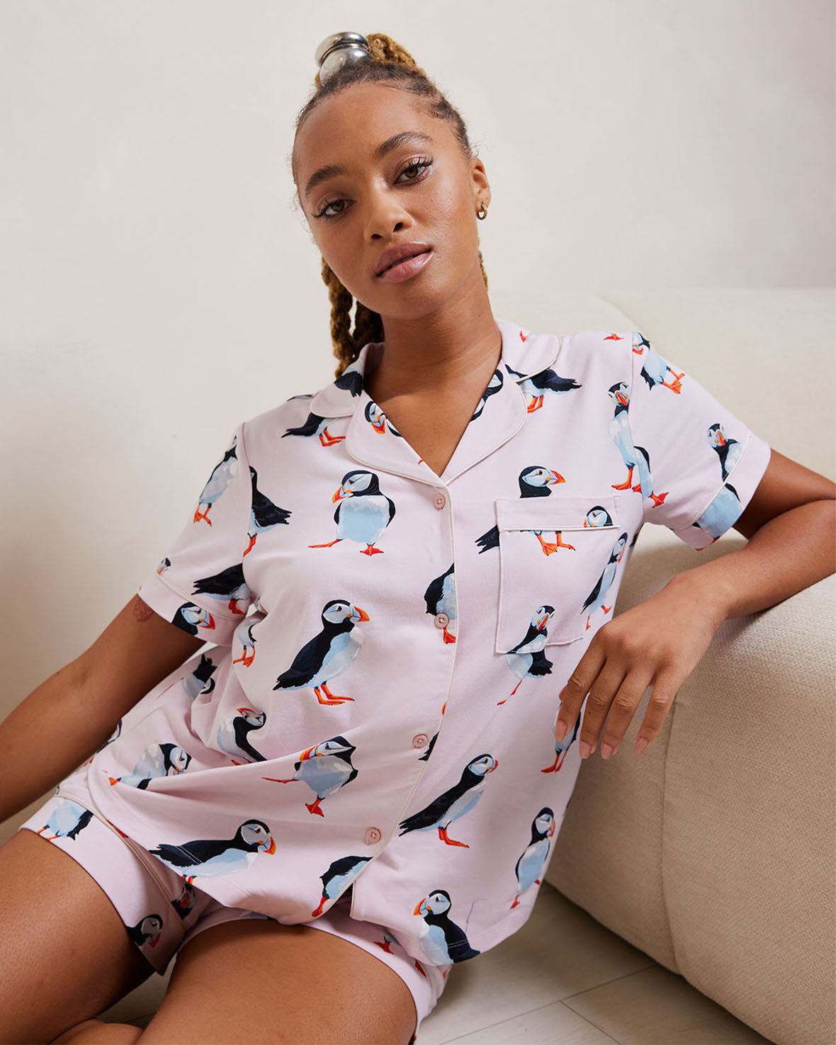 Organic Cotton Puffin Print Short Pajama Set for Women - Soft & Breathable Sleepwear for Summer Nights, Lounge Wear, and Vacation Comfort