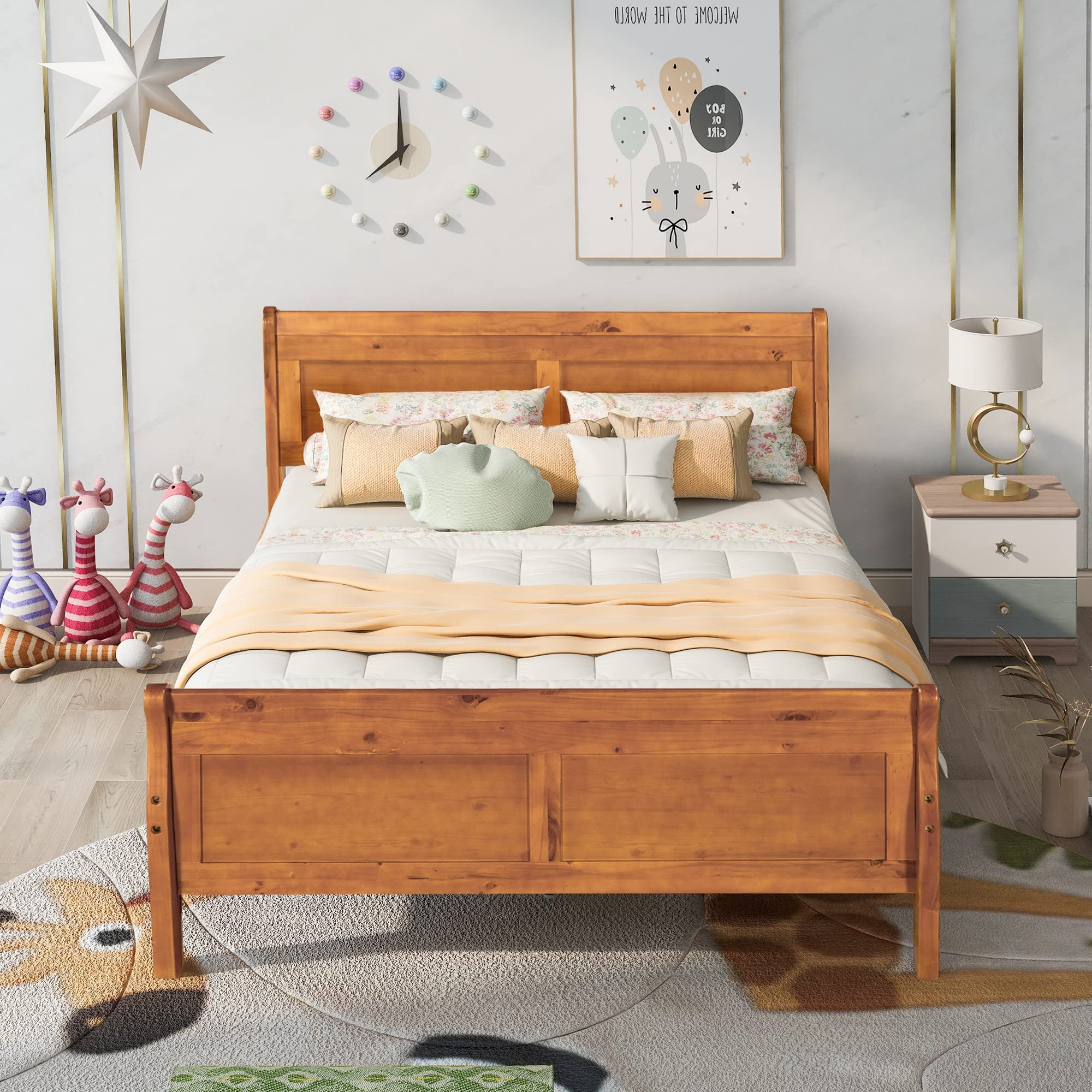 **Harper & Bright Designs Full Size Wooden Platform Bed Frame with Headboard & Footboard - Sturdy 9-Leg Support, No Box Spring Needed - Solid Oak Finish for Kids & Teens - Perfect for Bedrooms, Dorms & Guest Rooms**
