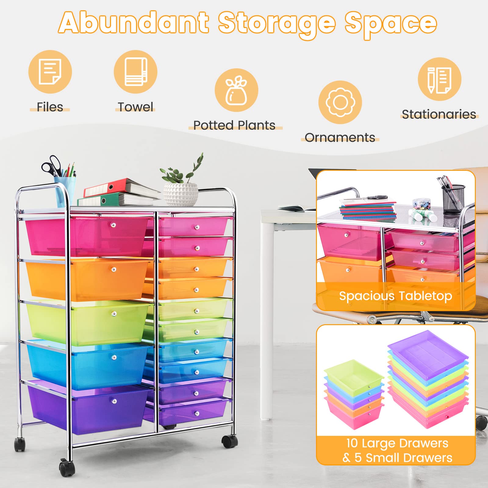 15-Drawer Rolling Storage Cart with Removable Drawers & Sturdy Steel Frame | Multipurpose Utility Organizer with Smooth-Glide Wheels & Ergonomic Handle | Perfect for Home Organization, Classroom Supplies & Office Storage