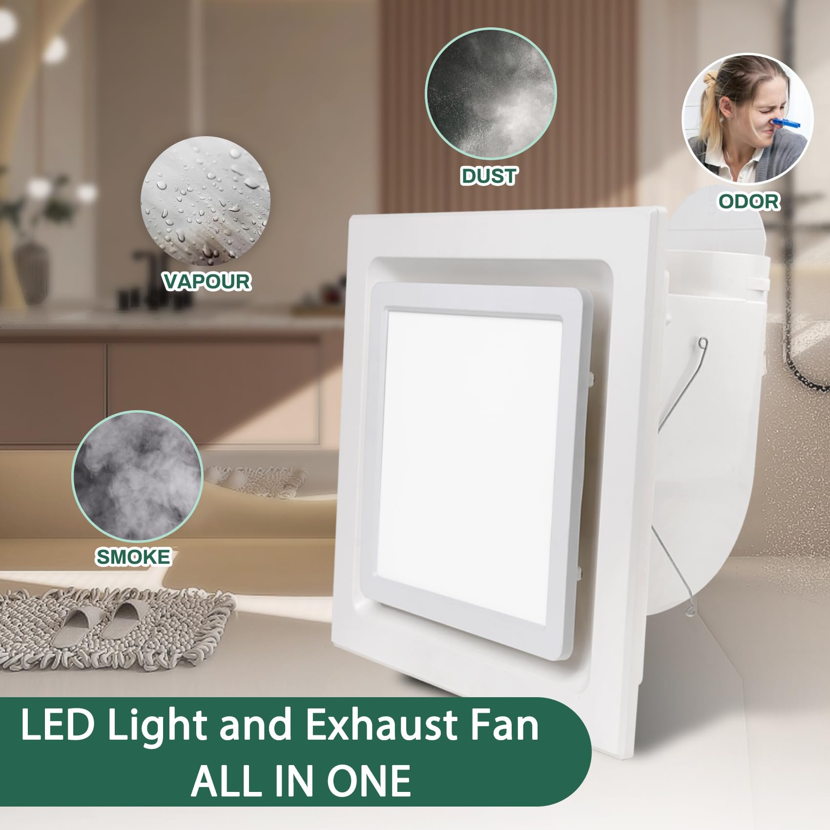 12 Inch Bathroom Exhaust Fan with LED Light - 12W 6000K Bright White, 141CFM Ventilation, 1.0 Sones Ultra Quiet - Perfect for Home, Office & Hotel Bathrooms (Moisture Control & Air Circulation)