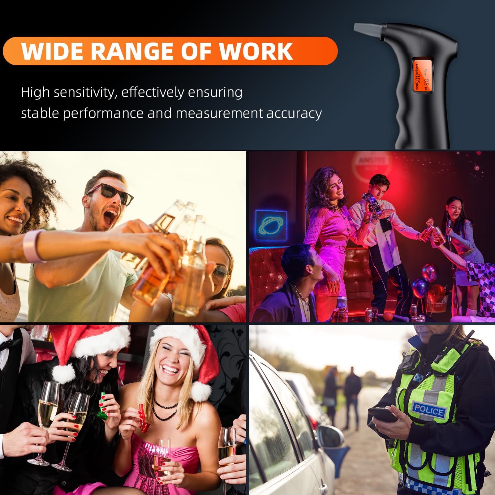 Portable Alcohol Breathalyzer Tester - Compact Personal & Professional Use with Orange LCD Digital Display & 10 Reusable Mouthpieces | Perfect for Home, Office, Parties, and Road Safety Checks