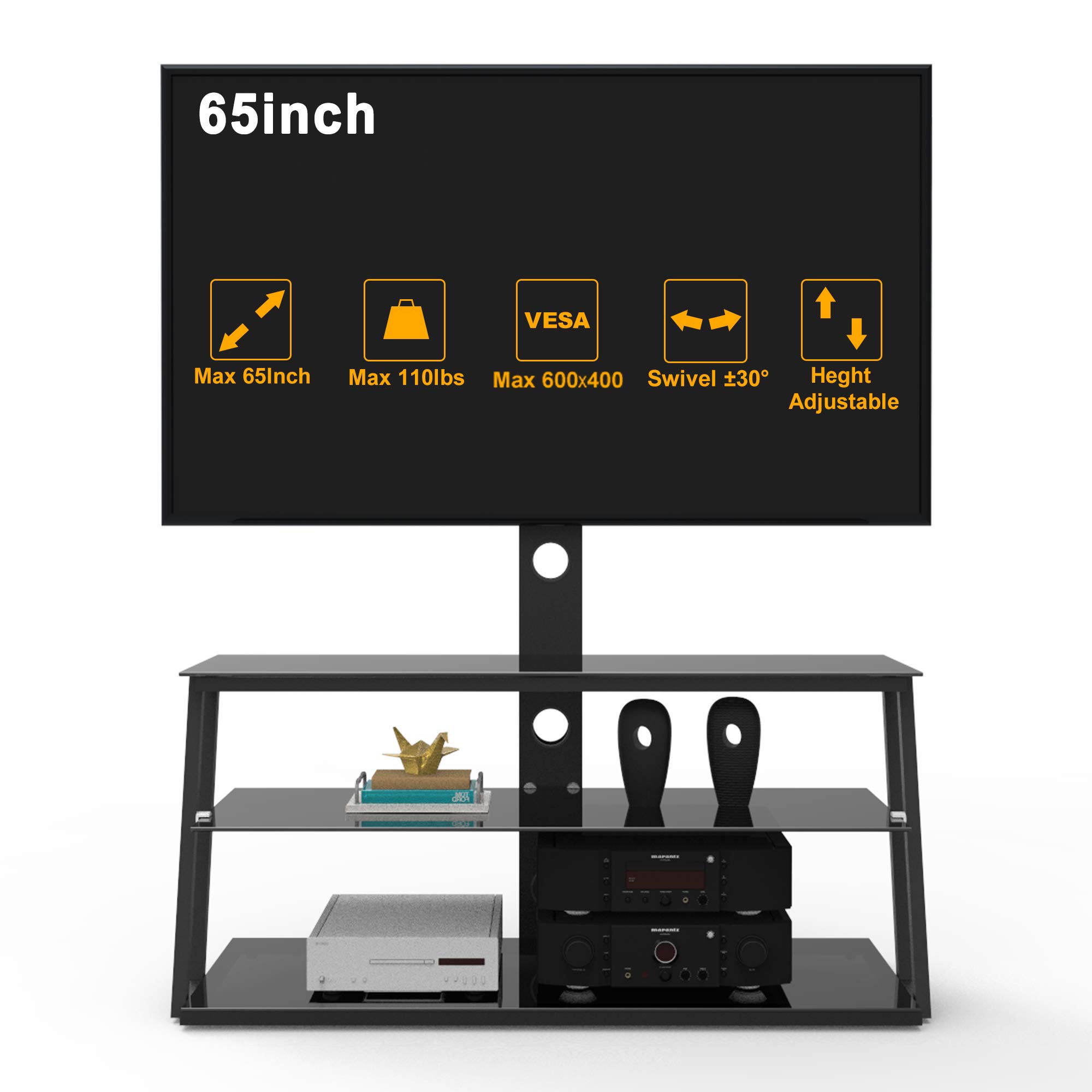Universal TV Stand for 50-65 Inch TVs - Adjustable Height Metal Frame Swivel Base with Tempered Glass & Storage - Holds 110 lbs - Entertainment Center for Living Room, Bedroom - Perfect for Movie Nights & Gaming Setup