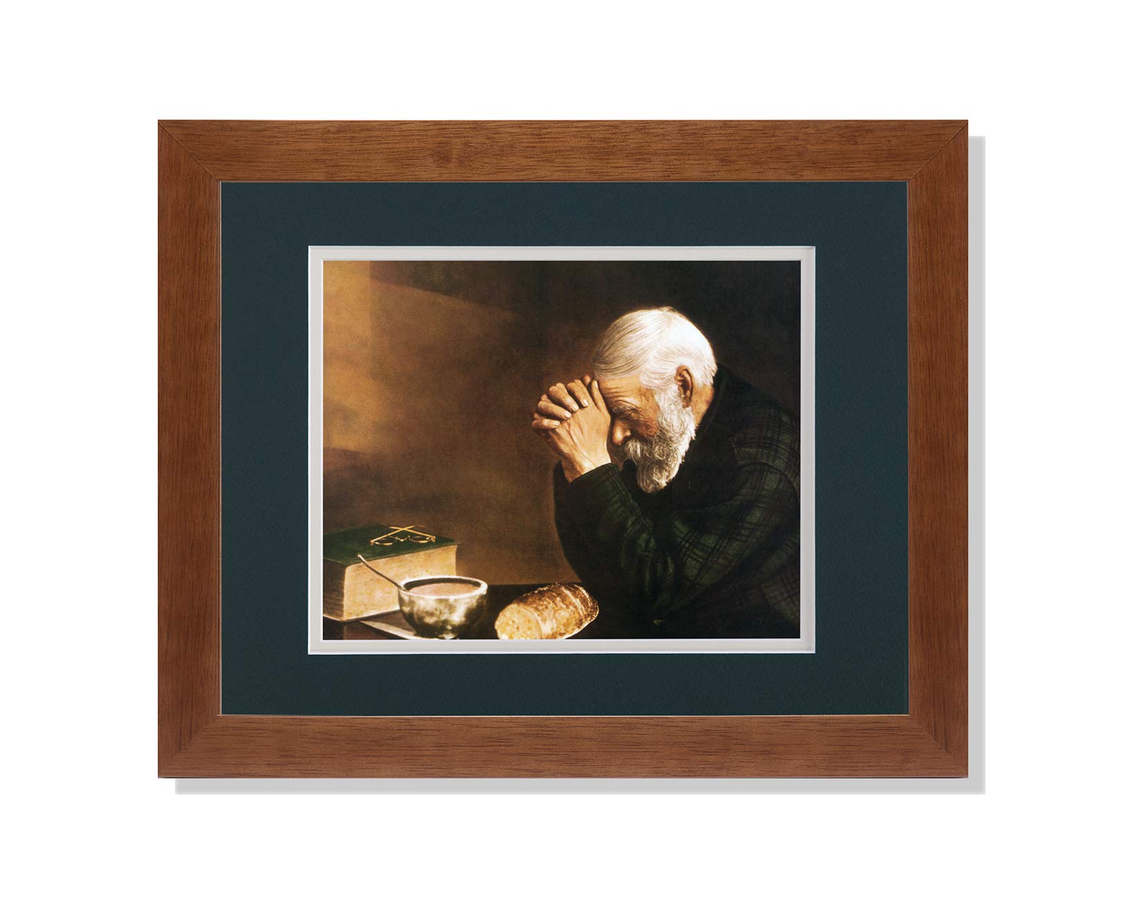 Daily Bread Man Praying at Table Religious Art Print - Grace & Blessings Framed Picture with Mat (8x10) - Perfect for Home Decor, Church Gifts & Spiritual Inspiration