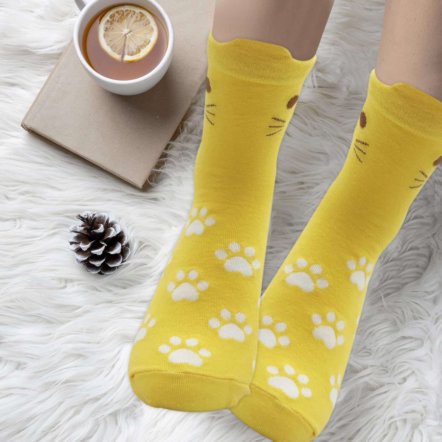 ALLY-MAGIC Women's Cotton Animal Funny Socks - Cute Yellow Cat Print Thermal Warm Socks for Women & Girls | Perfect Gift Idea for Christmas, Birthday & Daily Wear | Cozy Home, Office & Casual Outfit Essential