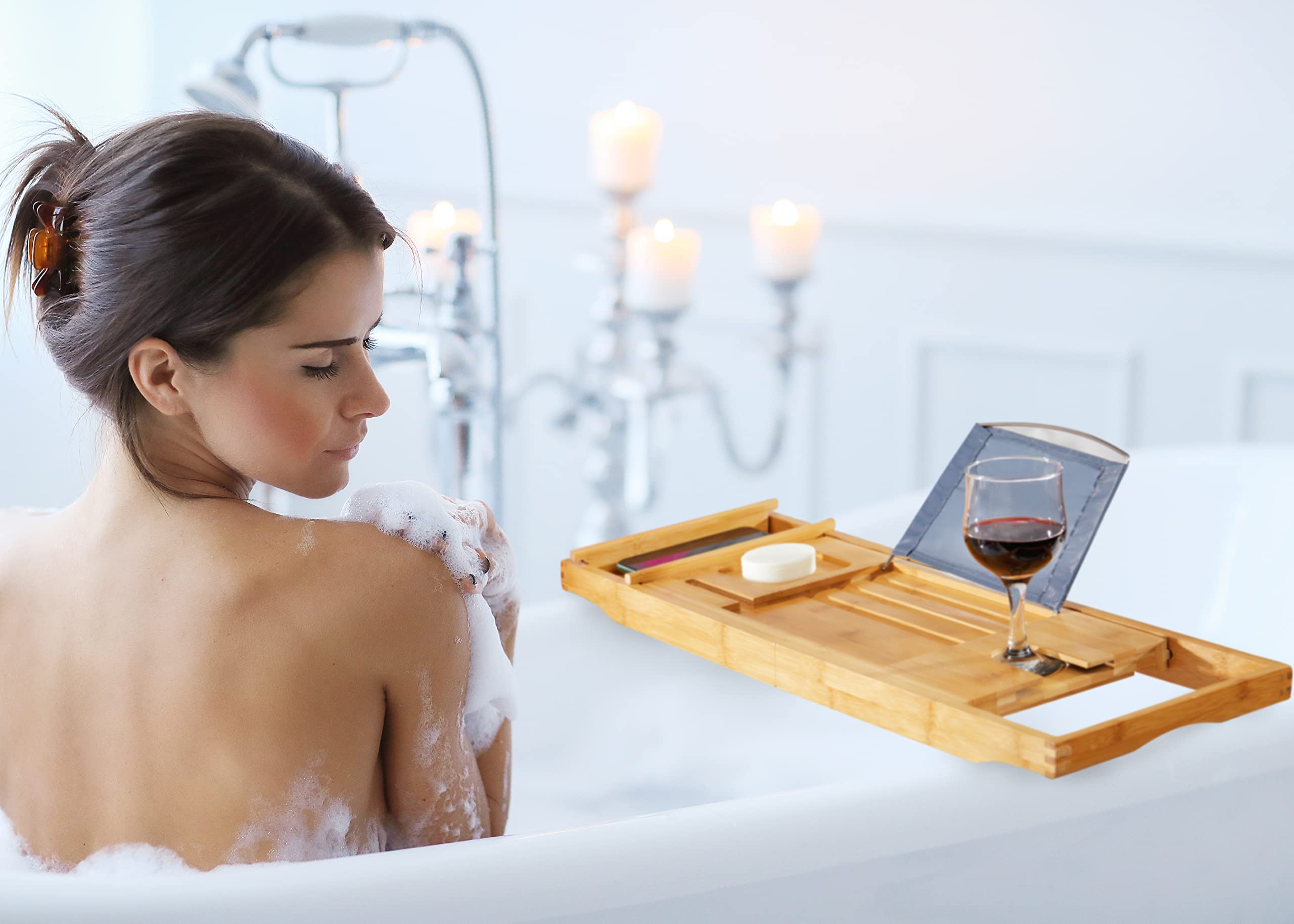 RoyalHouse Expandable Bamboo Bathtub Caddy Tray - Adjustable Bath Table Organizer with Wine Glass & Book Holder - Perfect for Relaxing Baths, Spa Days & Gift Giving (Phone Stand Included)