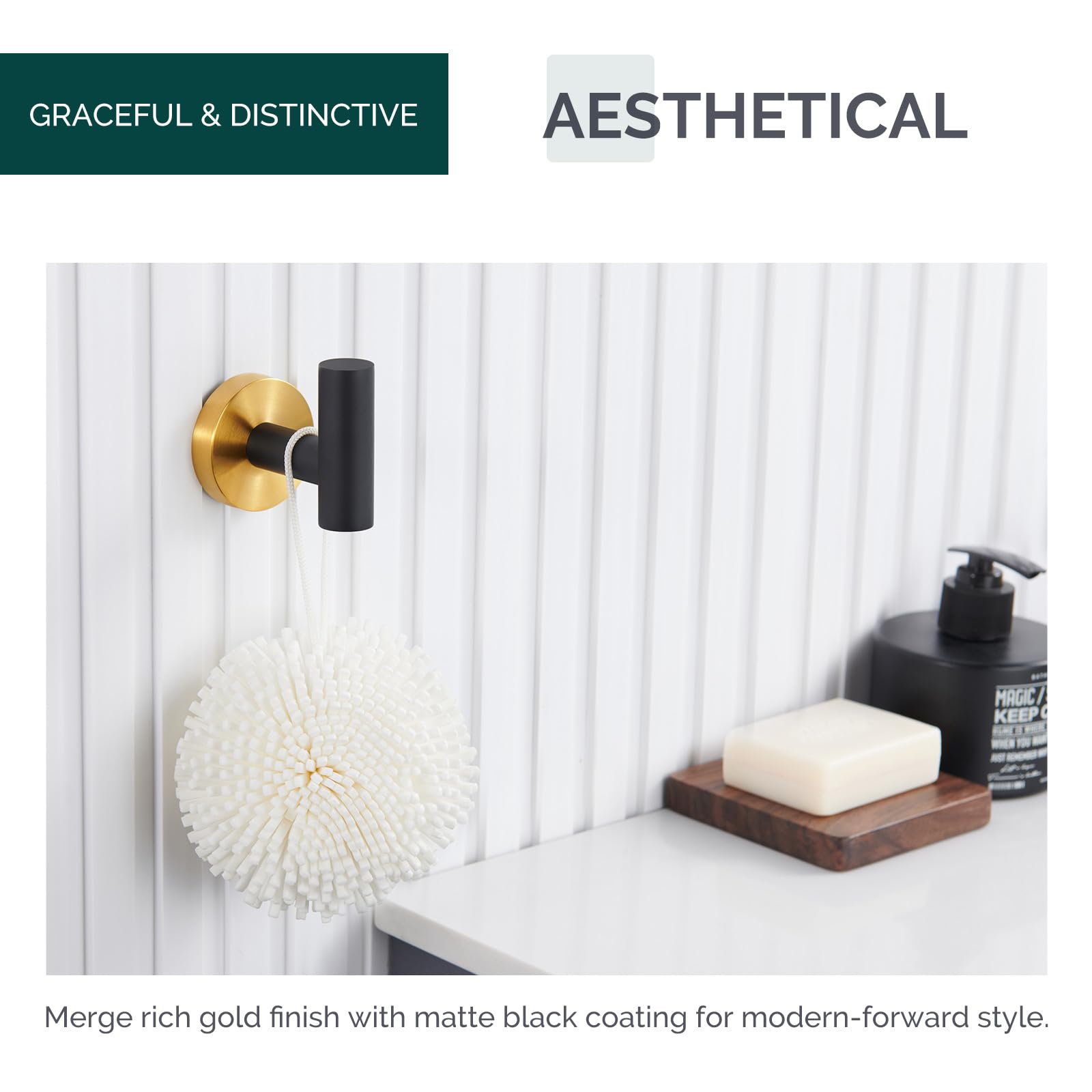 Round Single Towel Hook with Matching Towel Ring Set - Black & Gold Bathroom Accessories for Hanging Towels, Robes & Decor