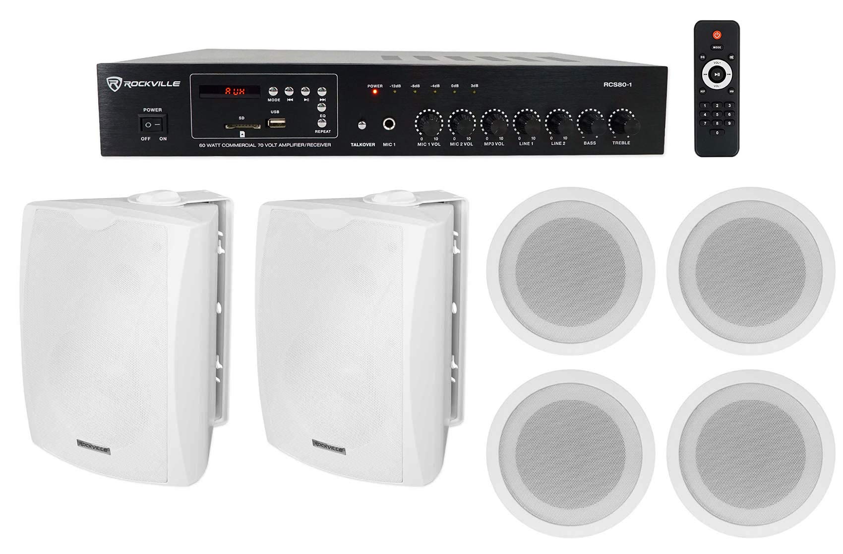 Rockville 70V Commercial Amplifier with 2 White Wall Speakers & 4 Ceiling Speakers - Perfect for Restaurants, Bars, and Event Venues