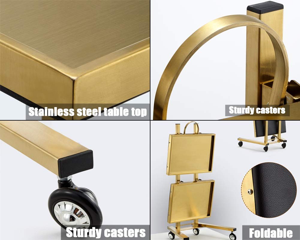 Stainless Steel 2-Tier Collapsible Utility Cart with Wheels - Gold Salon Storage Stand for Tattoo Shop, Beauty Salon & Home Organization | Heavy Duty & Portable Trolley Tray for Supplies & Tools