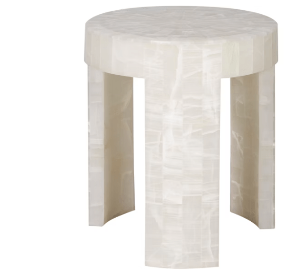 Handmade Custom Floral Embossed Side Table - White Metal Brass Round Accent Table for Living Room, Bedroom & Office Decor