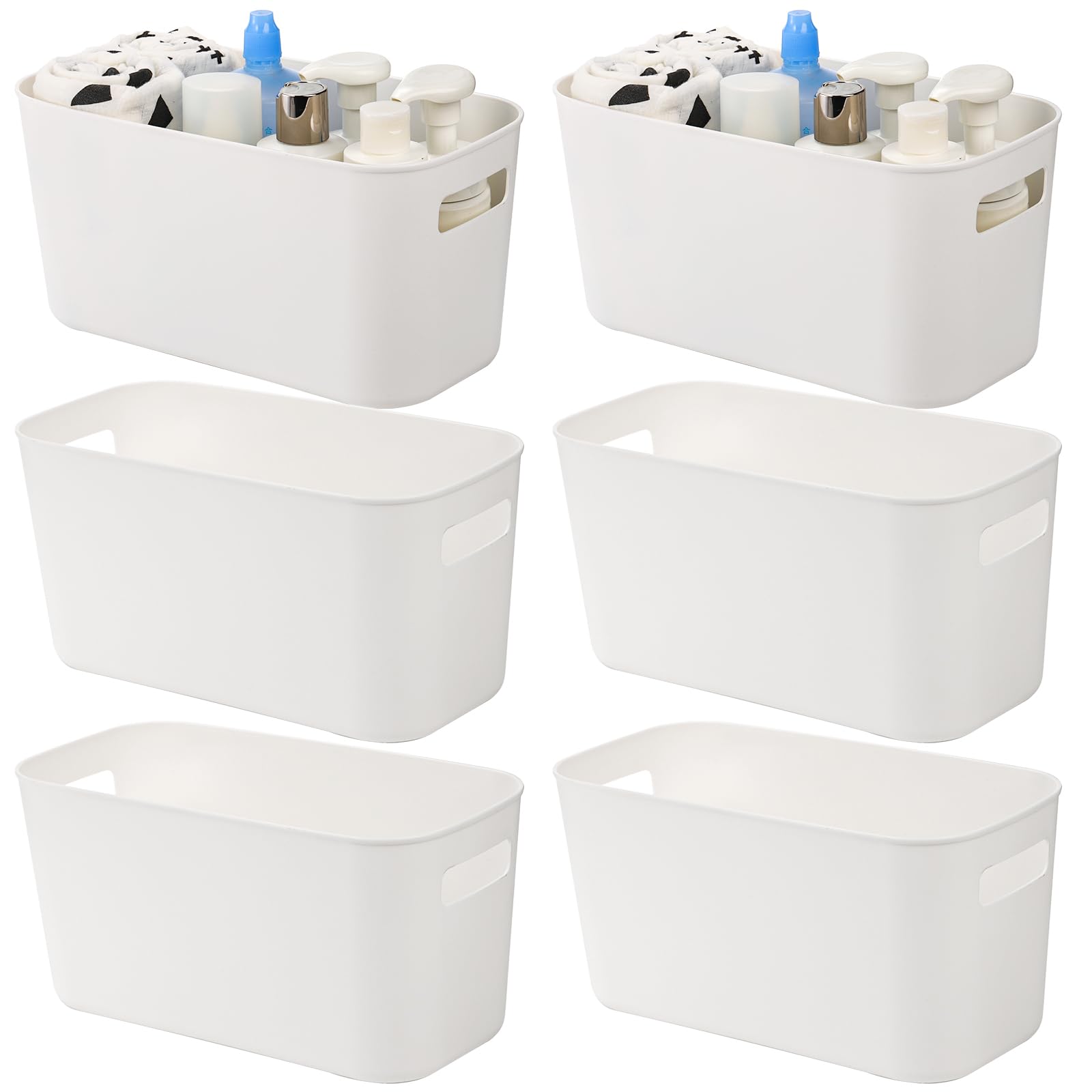 Yopay 6-Pack White Plastic Storage Bins with Handles for Shelves & Pantry Organization - Perfect for Hand Soaps, Body Wash, Shampoos, Lotions, Towels, Cosmetics, Snacks & Spices | Ideal for Bathroom, Kitchen & Closet Storage