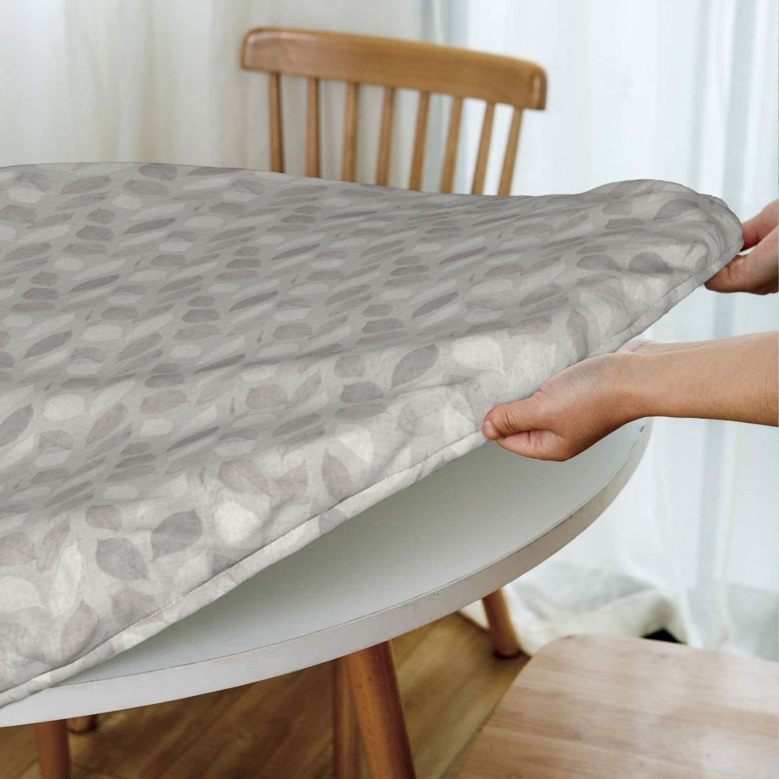Waterproof Wipeable Elastic Edged Round Fitted Tablecloth - Grey Leaves Print for 40