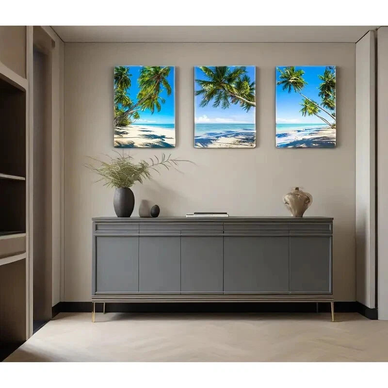 3-Piece Coastal Palm Tree & Ocean Seascape Metal Wall Art - Ready to Hang Beach Decor for Living Room, Bedroom & Office