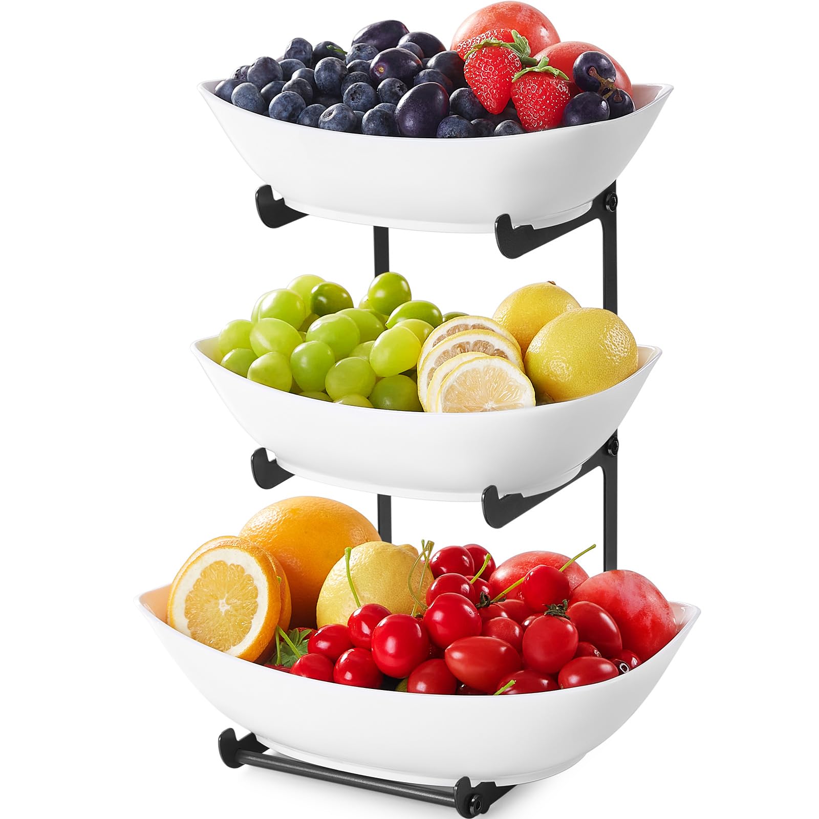 3-Tier Plastic Fruit Bowl Basket with Black Metal Stand - Kitchen Countertop Organizer for Fruits, Vegetables, Cakes & Desserts | Perfect for Party Serving, Home Decor and Dining Table Display