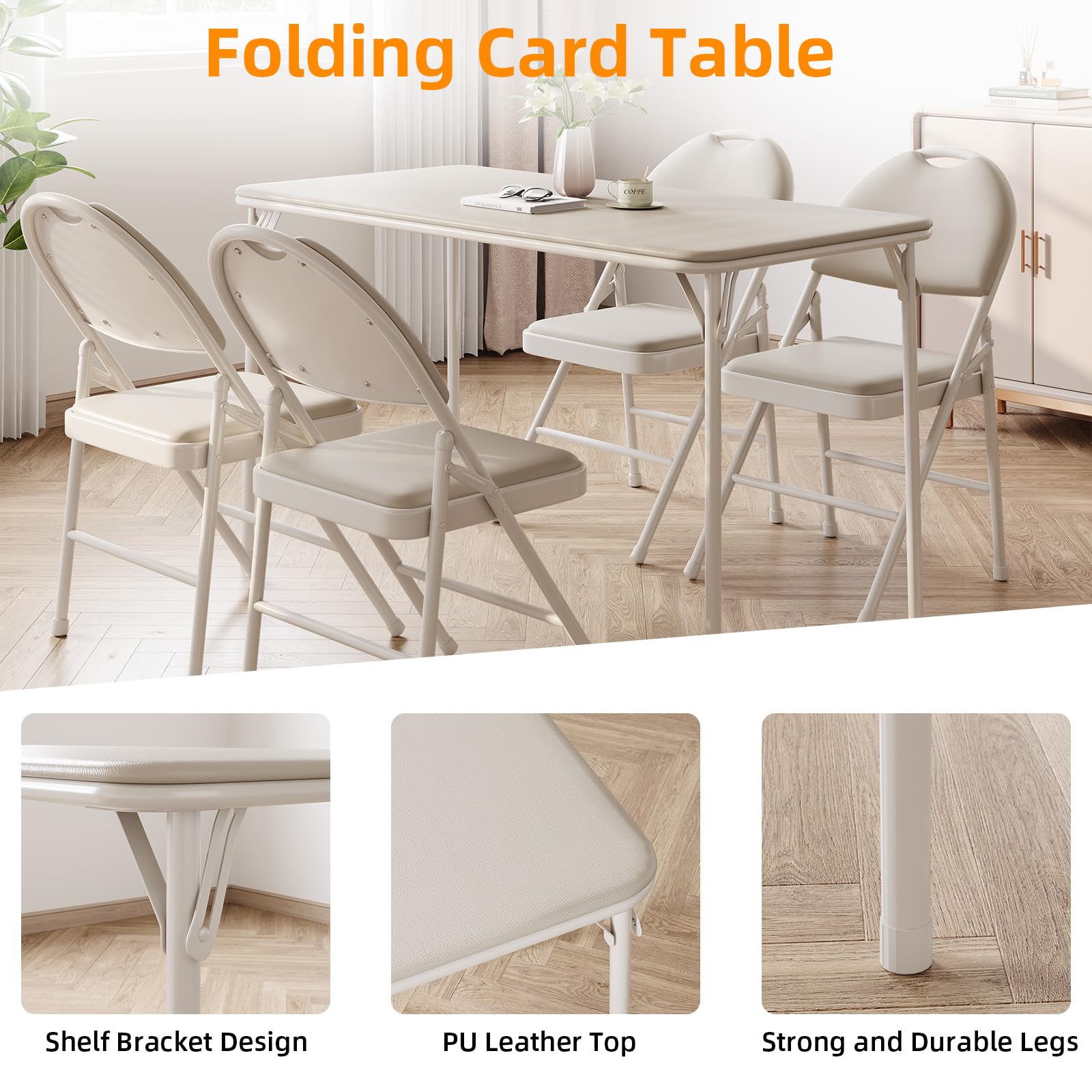 IDEALHOUSE 5-Piece Portable Folding Table and Chairs Set - Foldable Card Table with PU Upholstered Chairs for Dining Room, Living Room, Office, Camping & Outdoor Events (Beige) | Perfect for Game Nights, Picnics, and Small Space Living