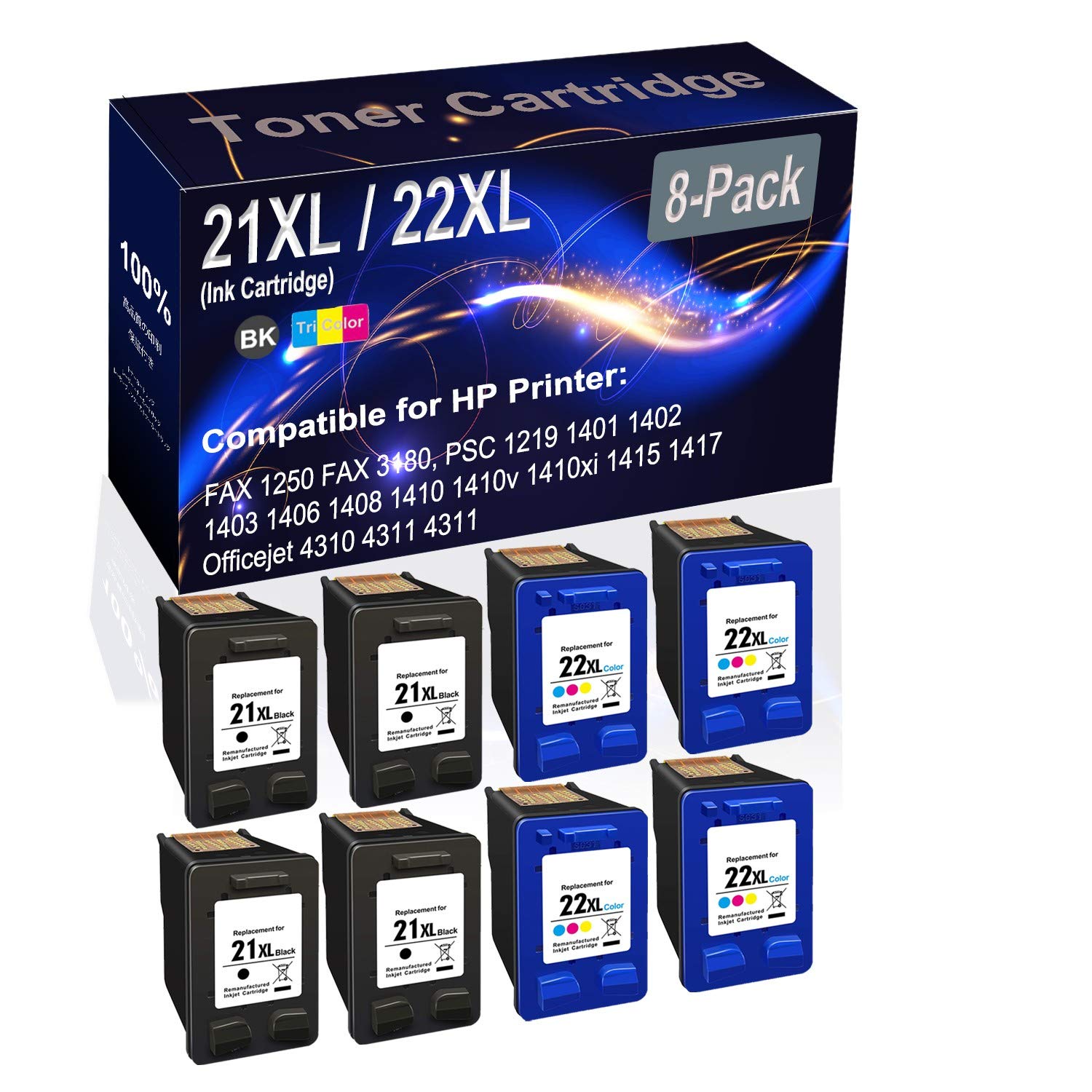 High Yield 8-Pack (4 Black + 4 Tri-Color) Remanufactured Ink Cartridges - Compatible with HP 21XL/22XL for DeskJet D1320/D1330/D1341/D1360/D1368/D1400 Printers - Ideal for Home Office Printing & School Projects