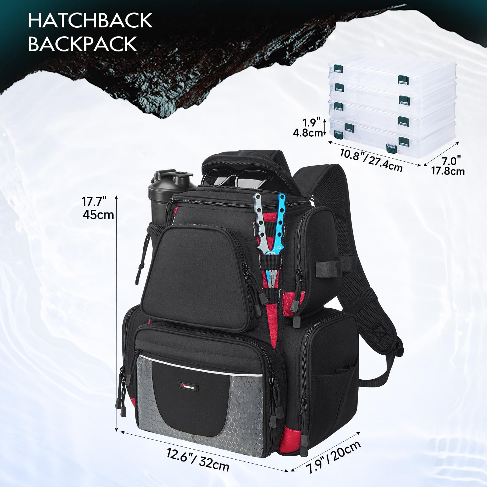 Piscifun Fishing Tackle Backpack with 4 Removable Tackle Trays - Large Waterproof Fishing Gear Storage Bag with Rain Cover - Perfect for Bass, Trout & Saltwater Fishing Trips