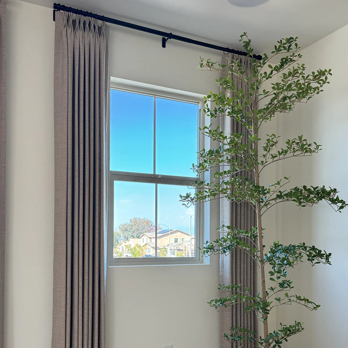 Pinch Pleated Blackout Curtains - Linen Memory Fabric, Natural Oak & Dim Grey - Modern Custom Drapes for Living Room & Bedroom - Light Blocking & Noise Reducing Window Treatments