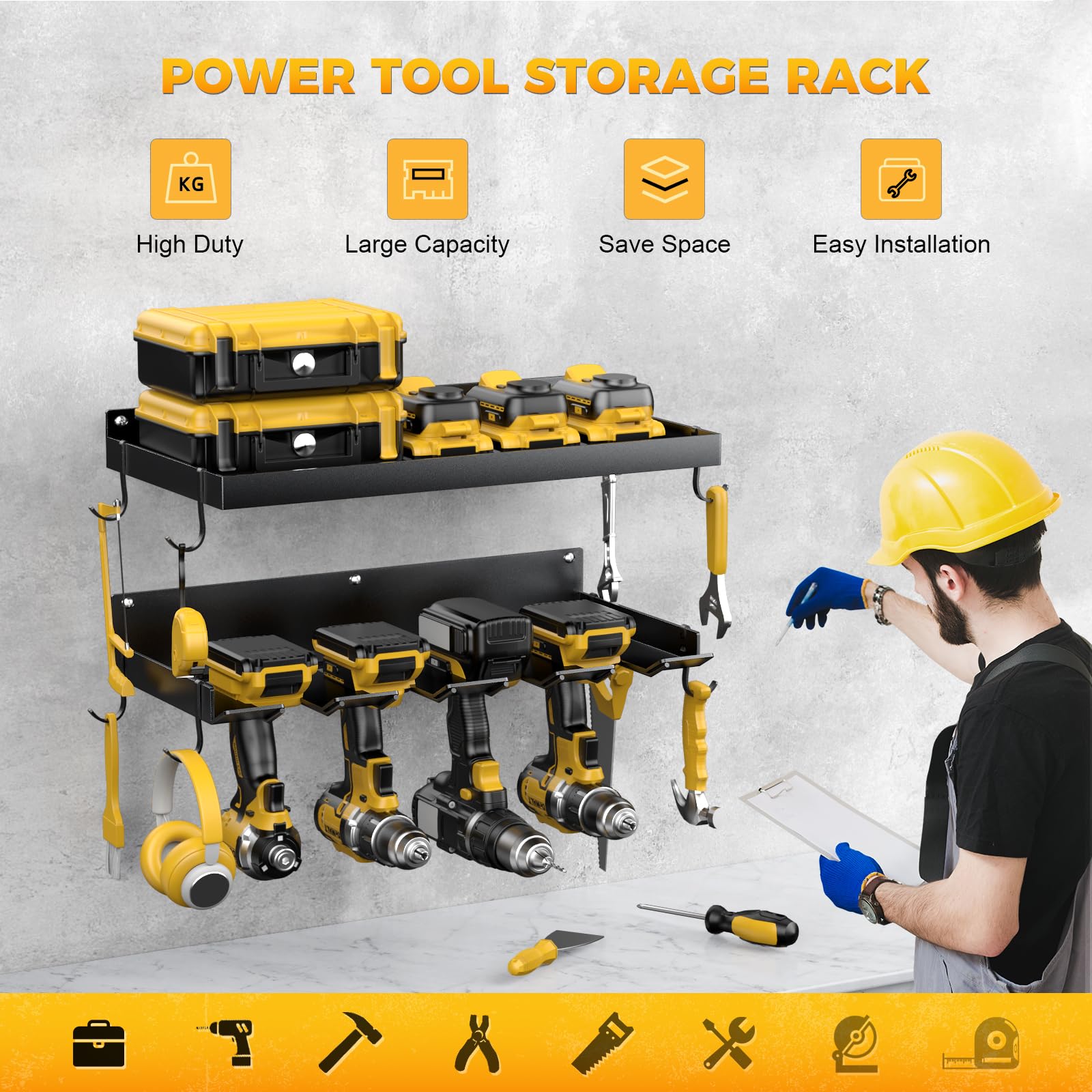 Heavy Duty Wall Mount Power Tool Organizer with 4 Drill Holders & Hooks - Garage Storage for Batteries, Tool Box, Screwdrivers, Pliers & Hammers | Perfect Workshop Organization & DIY Gifts for Men