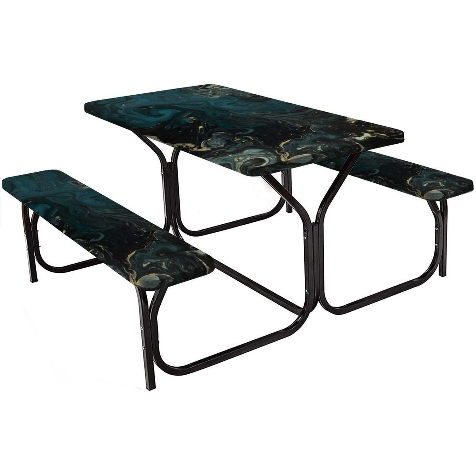 Waterproof Vinyl Picnic Tablecloth Set - Dark Green Wave 3-Piece Fitted Cover for Tables & Benches | Indoor/Outdoor Use for Patio, Garden, and Picnic Parties | Easy to Clean & Wipeable Plastic Table Cover