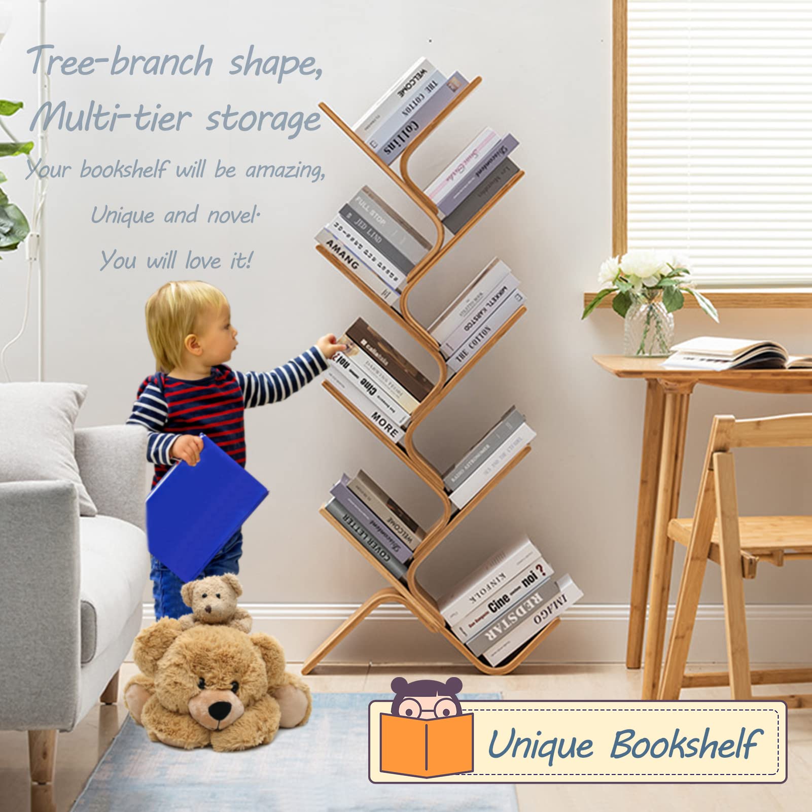 XM&LZ 8-Shelf Wooden Tree Bookcase - Modern Floor Standing Bookshelf for Living Room, Home Office & Study - Perfect for Organizing Books, Decor & Storage (Natural Wood Finish)