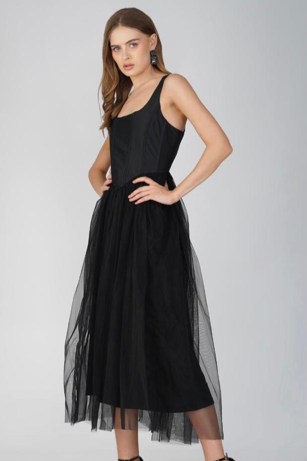 Gaela Mesh Midi Dress - Black Elegant Flowy Summer Dress for Women | Perfect for Beach Vacations, Date Nights & Cocktail Parties